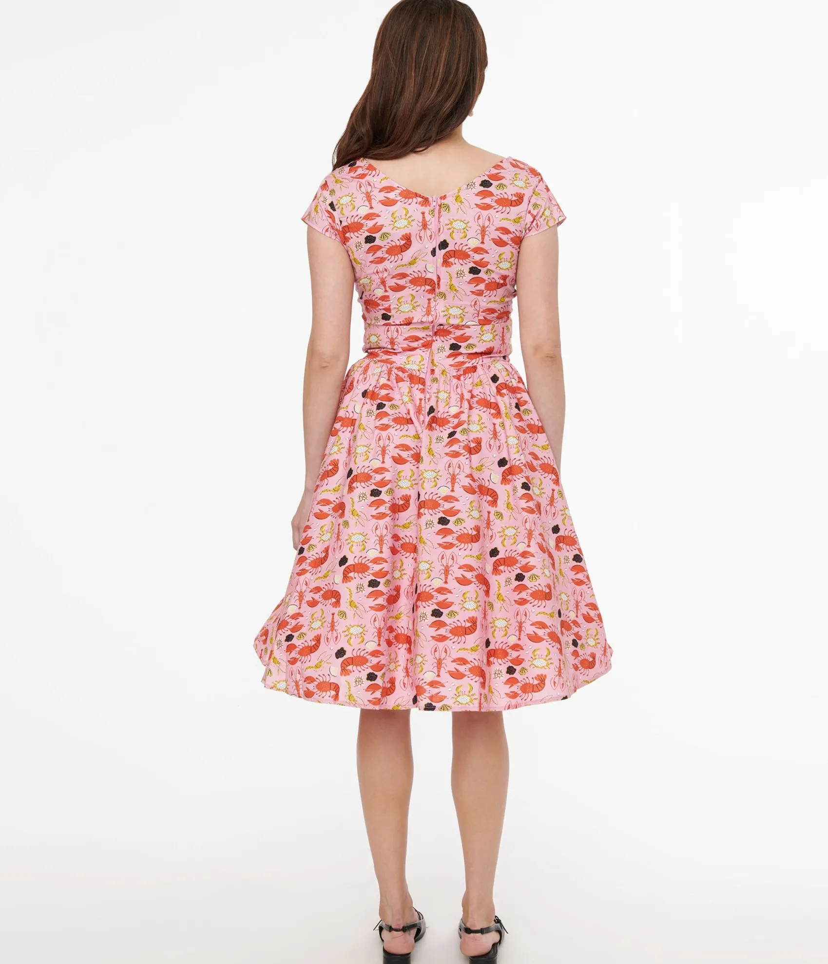 Unique Vintage Retrolicious 1950s Pink & Red Lobster Print Cotton Greta Swing Dress Online