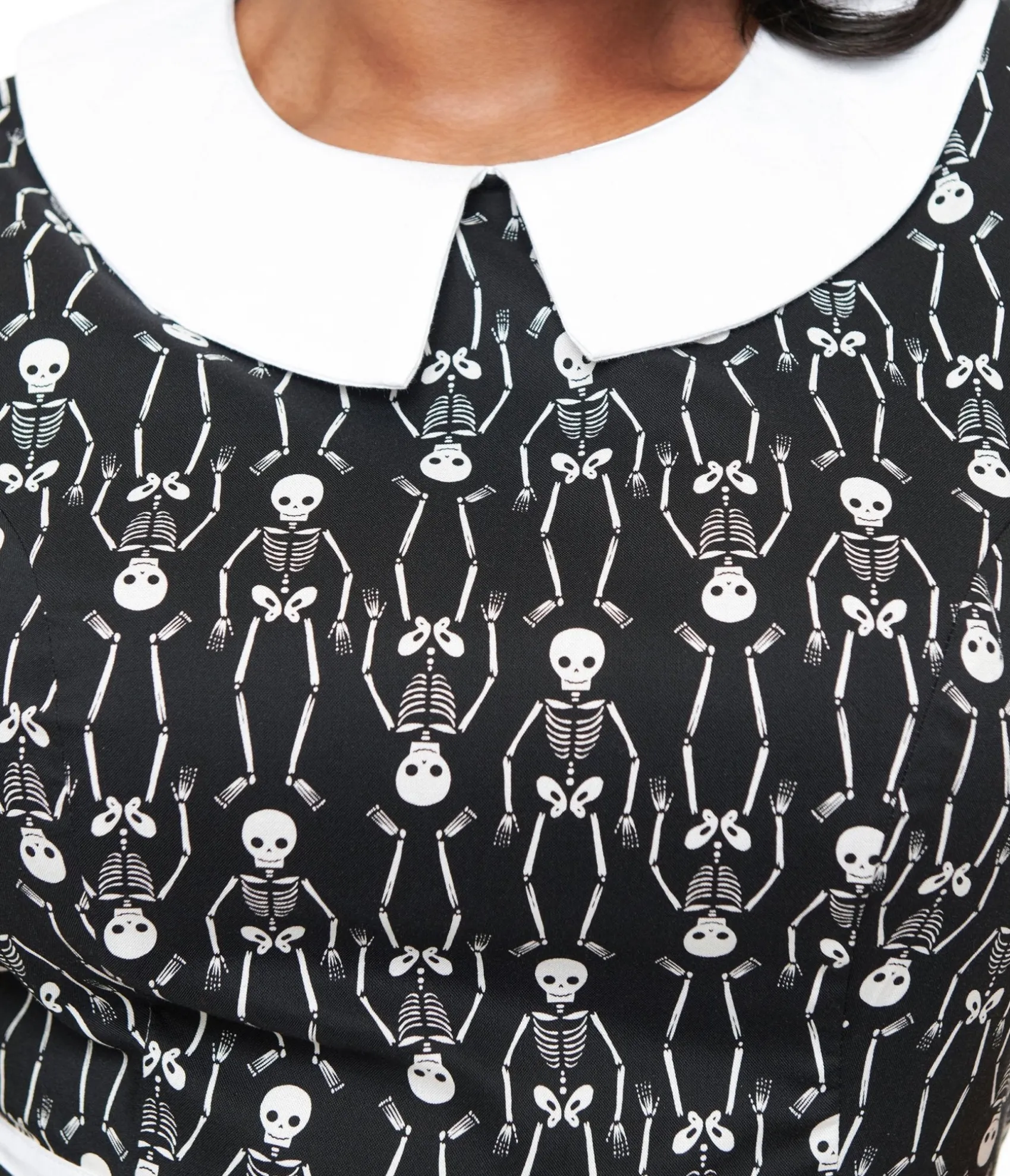 Unique Vintage Retrolicious 1950s Plus Size Black & White Skeleton Print Collared Fit & Flare Dress Sale