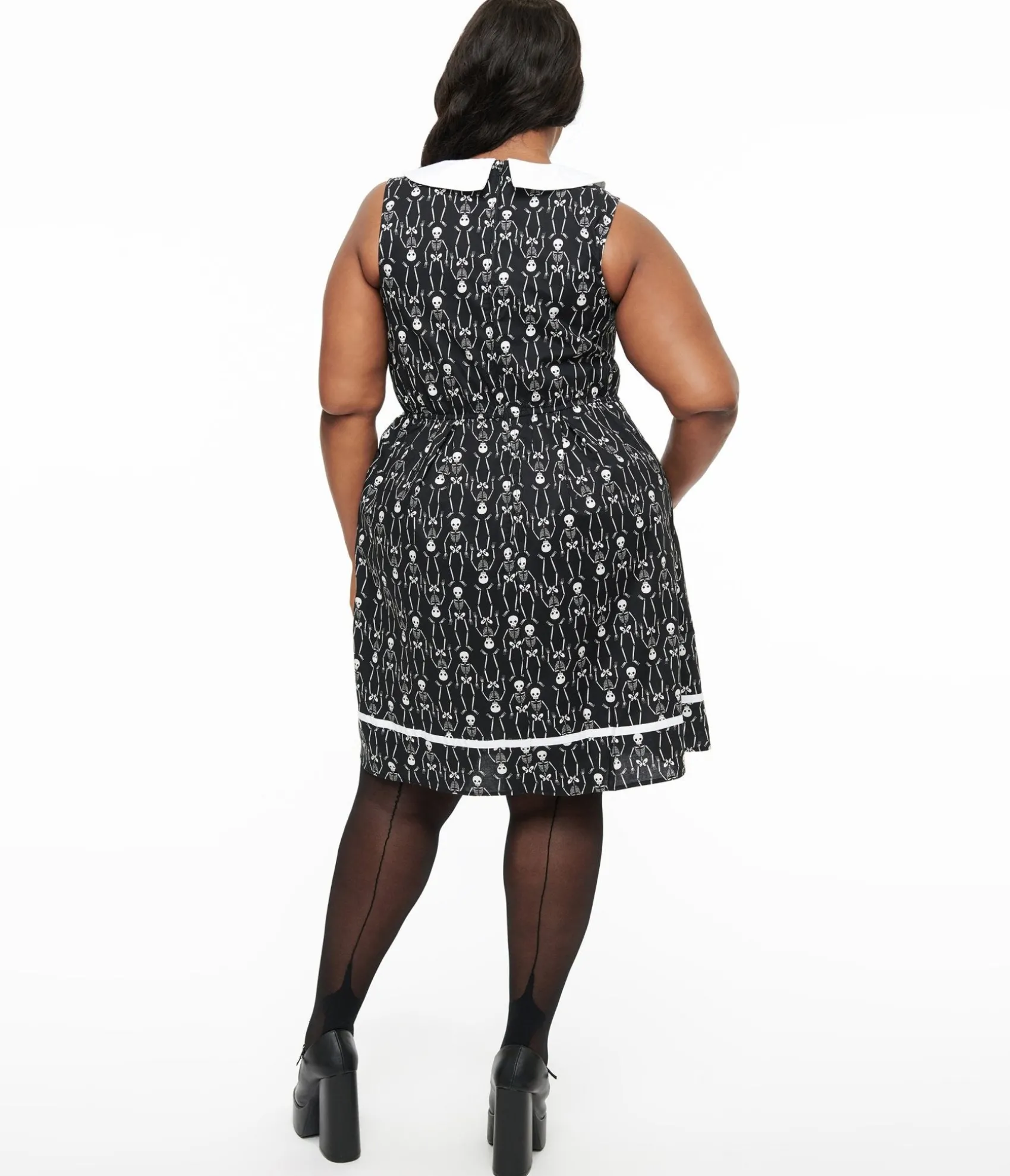 Unique Vintage Retrolicious 1950s Plus Size Black & White Skeleton Print Collared Fit & Flare Dress Sale