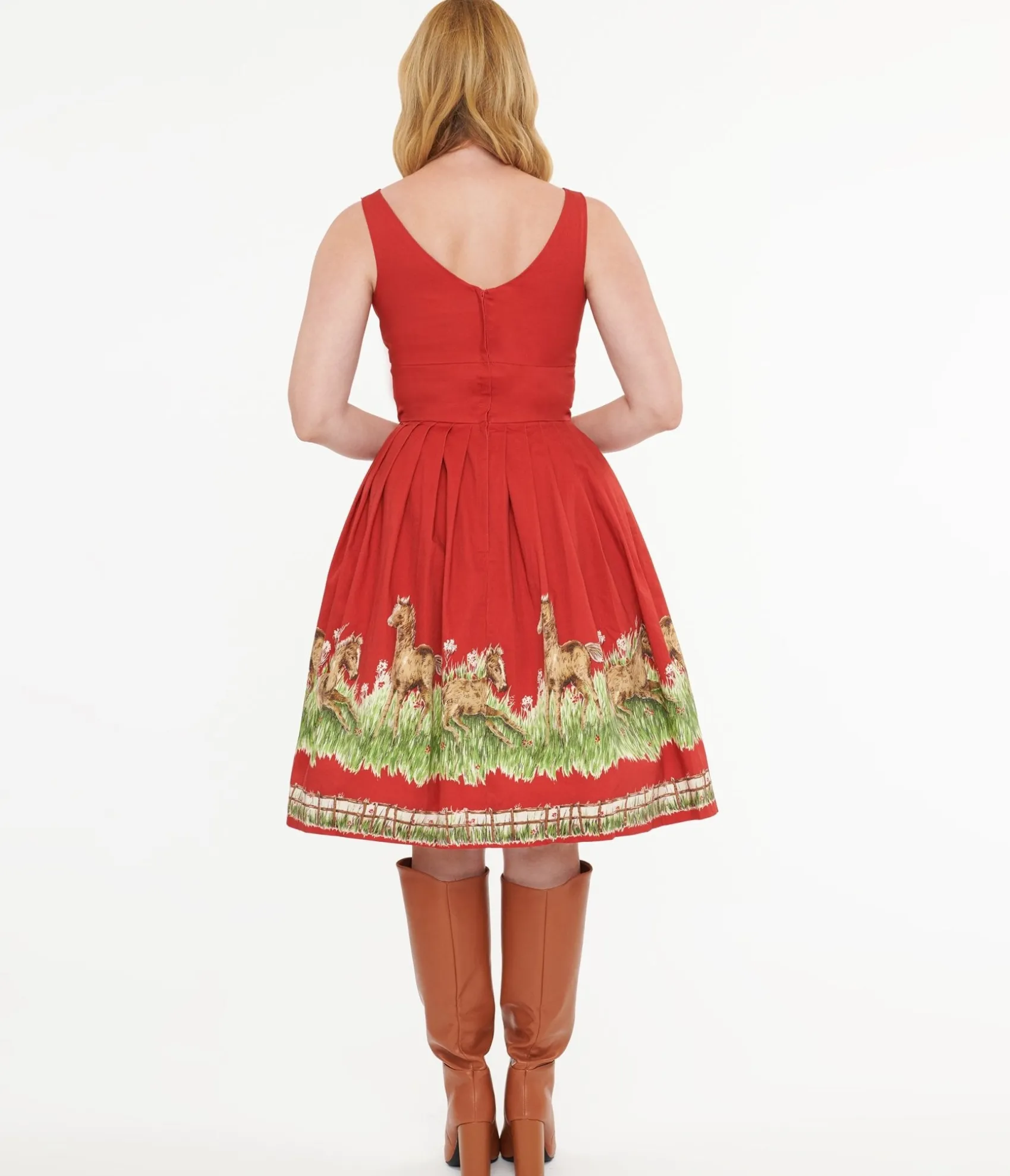 Unique Vintage Retrospec'd Red & Greener Pastures Print Peggy Swing Dress New