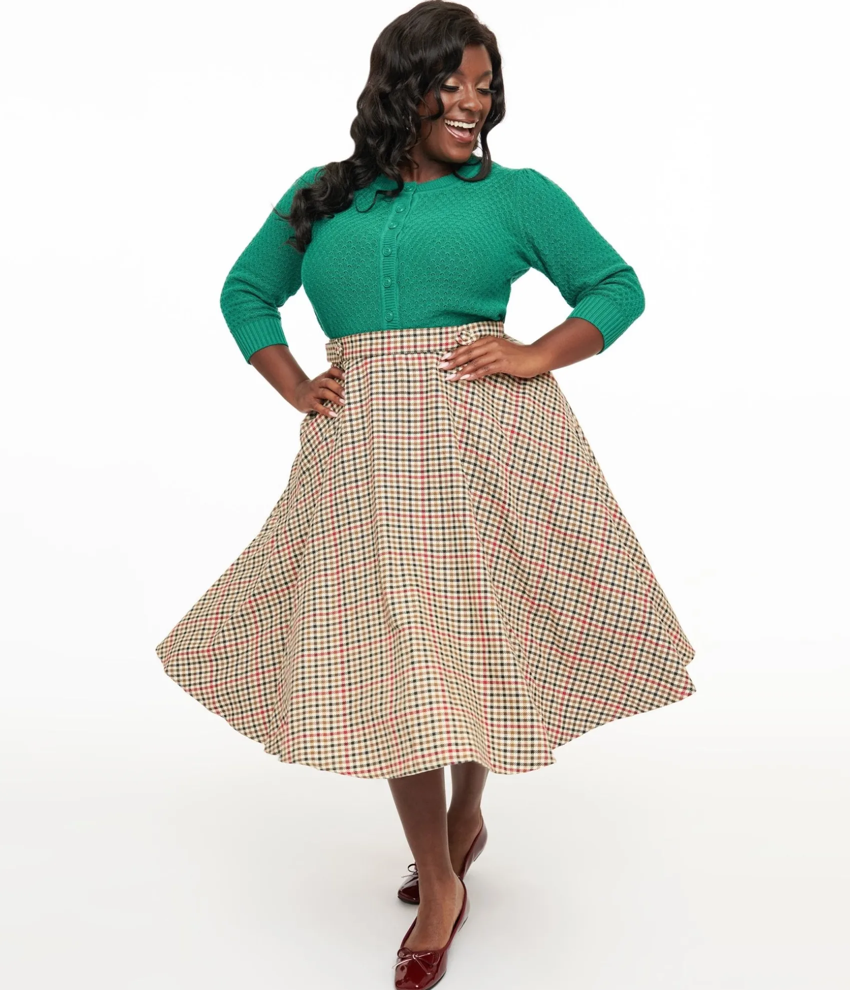 Unique Vintage Royal Monk Plus Size 1950s Beige & Black Check Hilda Swing Skirt Shop