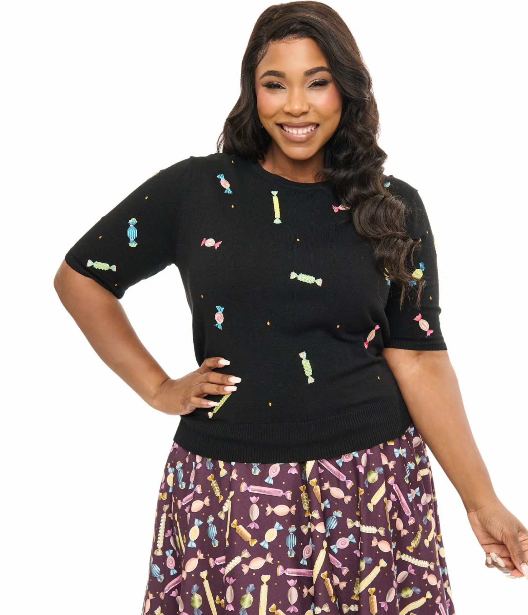Unique Vintage Royal Monk Plus Size 1950s Black & Rainbow Candy Sweater Best Sale