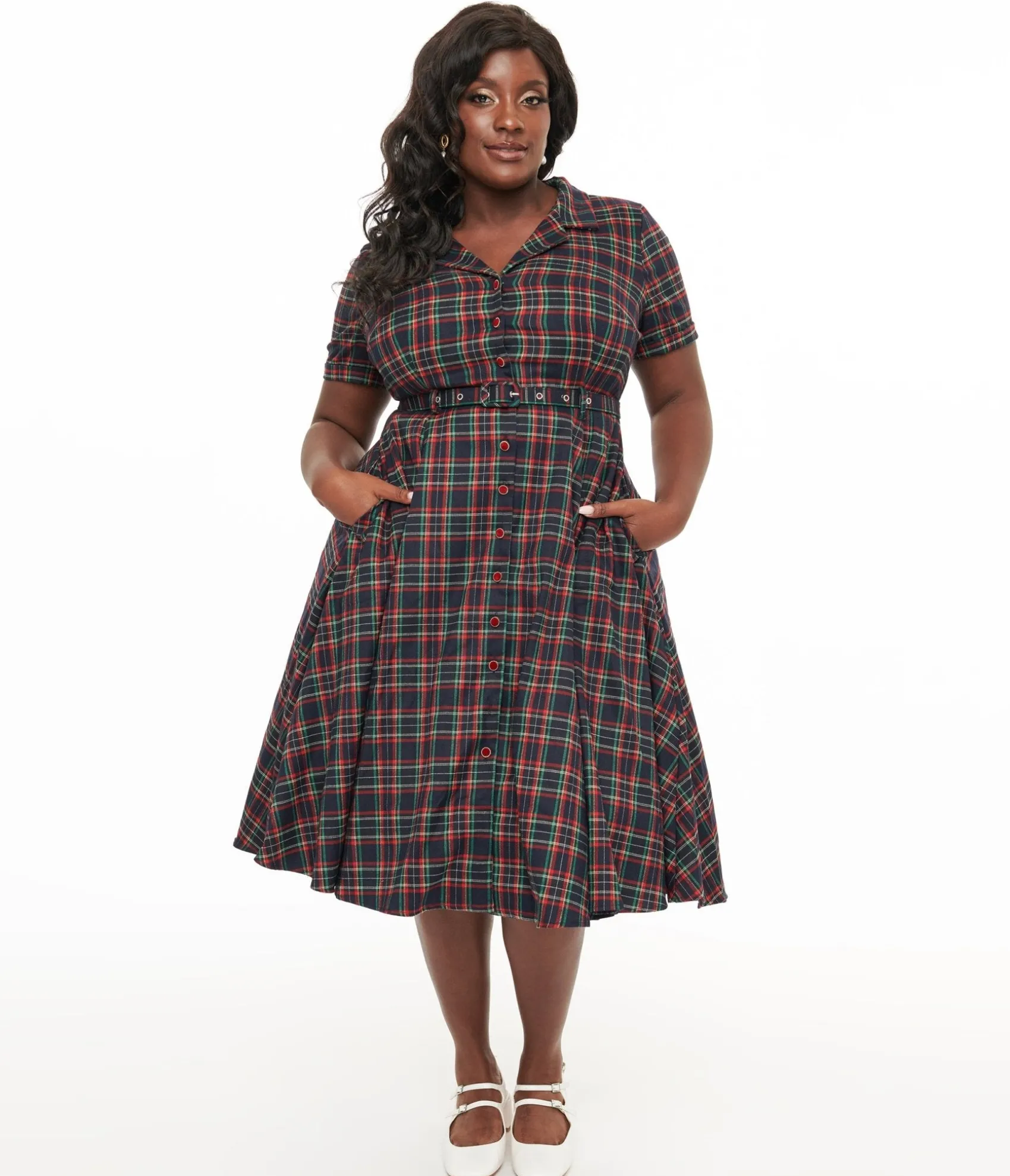 Unique Vintage Royal Monk Plus Size 1950s Green & Red Plaid Merry Holidays Swing Dress Hot