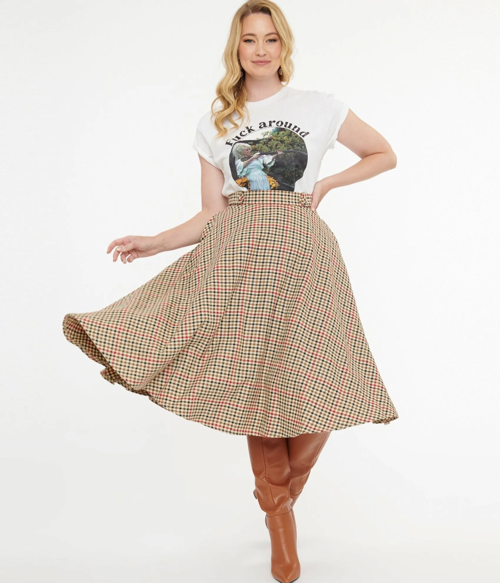 Unique Vintage Royal Monk 1950s Beige & Black Check Hilda Swing Skirt Store