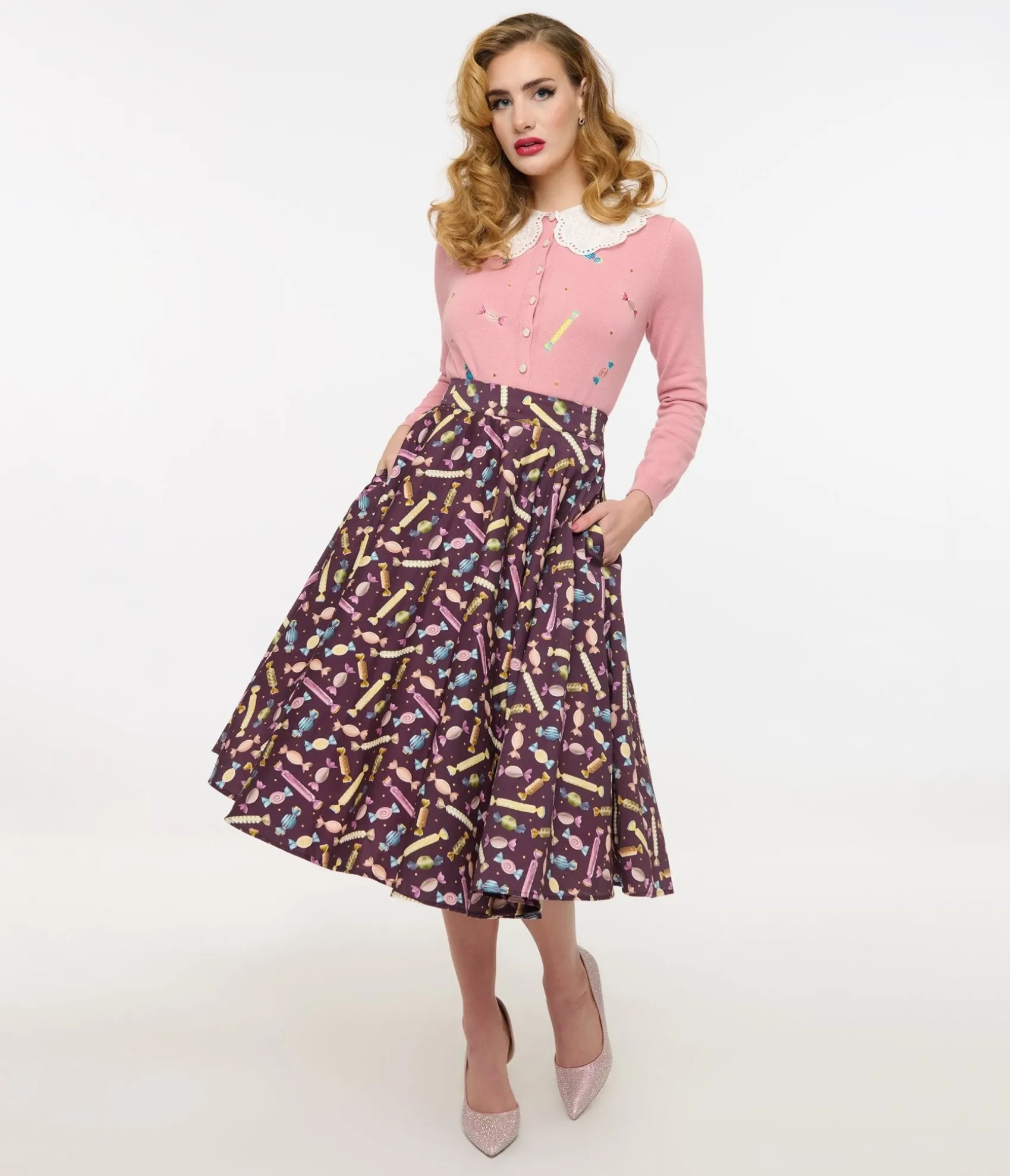 Unique Vintage Royal Monk 1950s Eggplant & Candy Swing Skirt Cheap