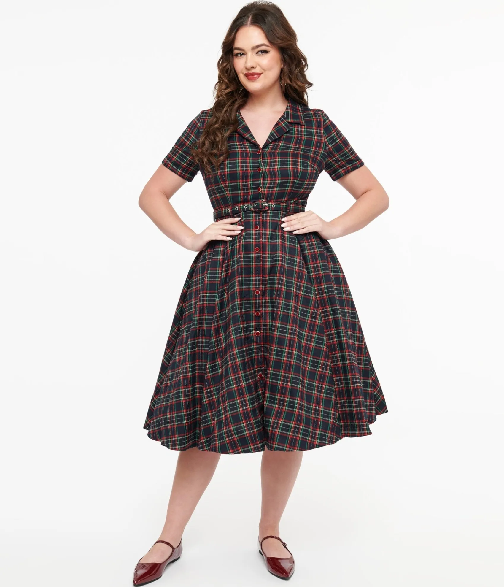 Unique Vintage Royal Monk 1950s Green & Red Plaid Merry Holidays Swing Dress Shop