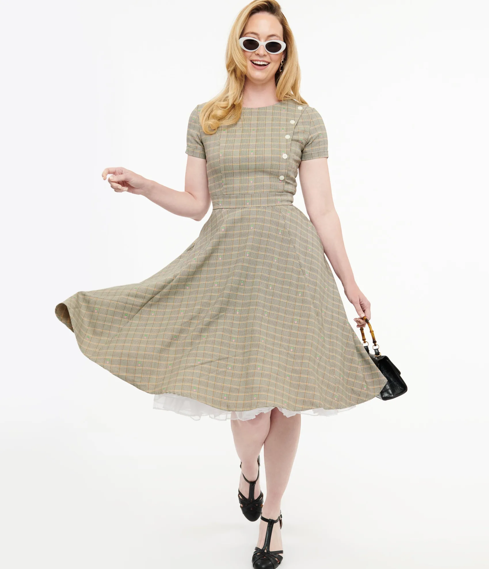 Unique Vintage 1950s Beige Plaid & Pink Floral Swing Dress Best