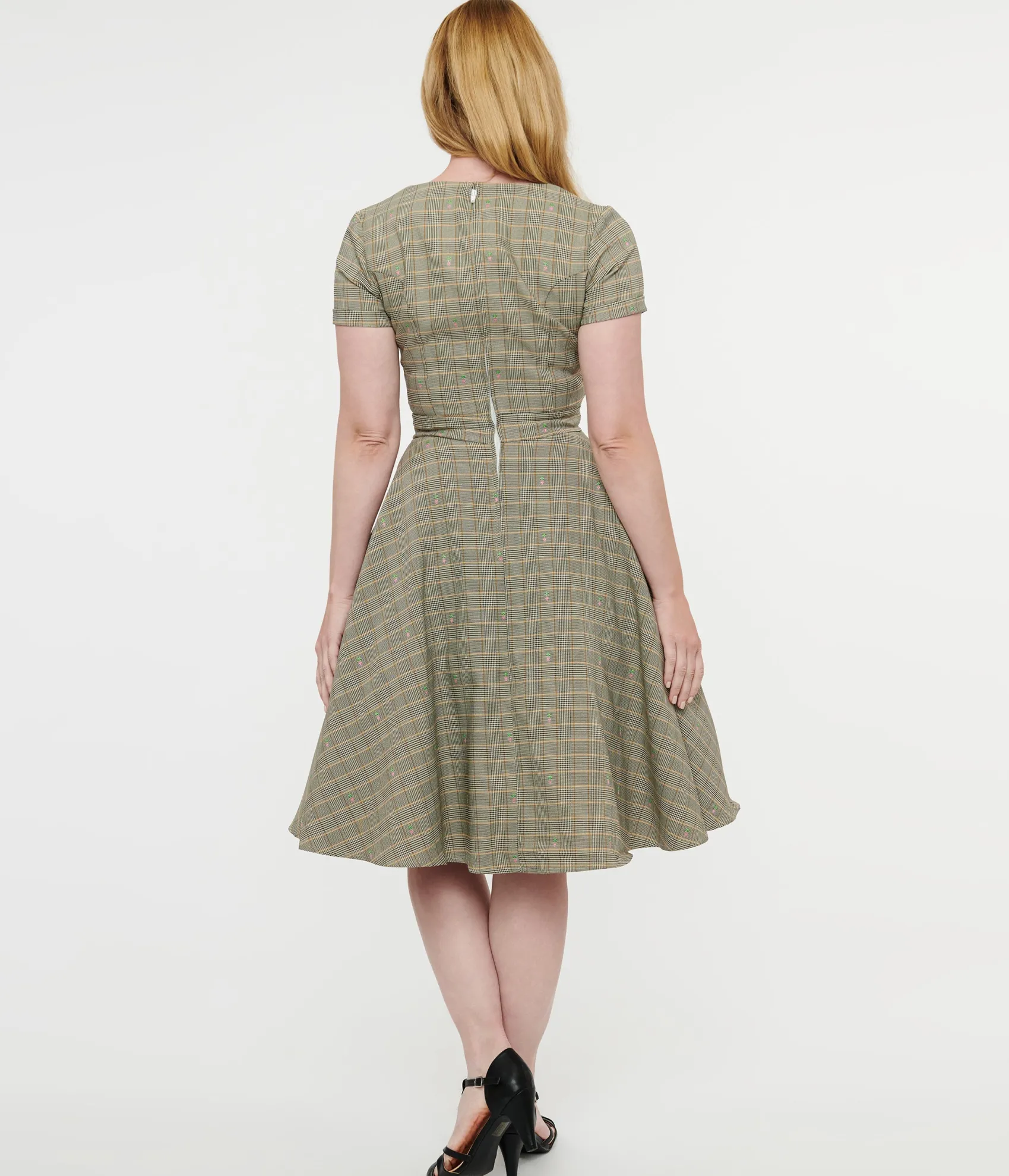 Unique Vintage 1950s Beige Plaid & Pink Floral Swing Dress Best