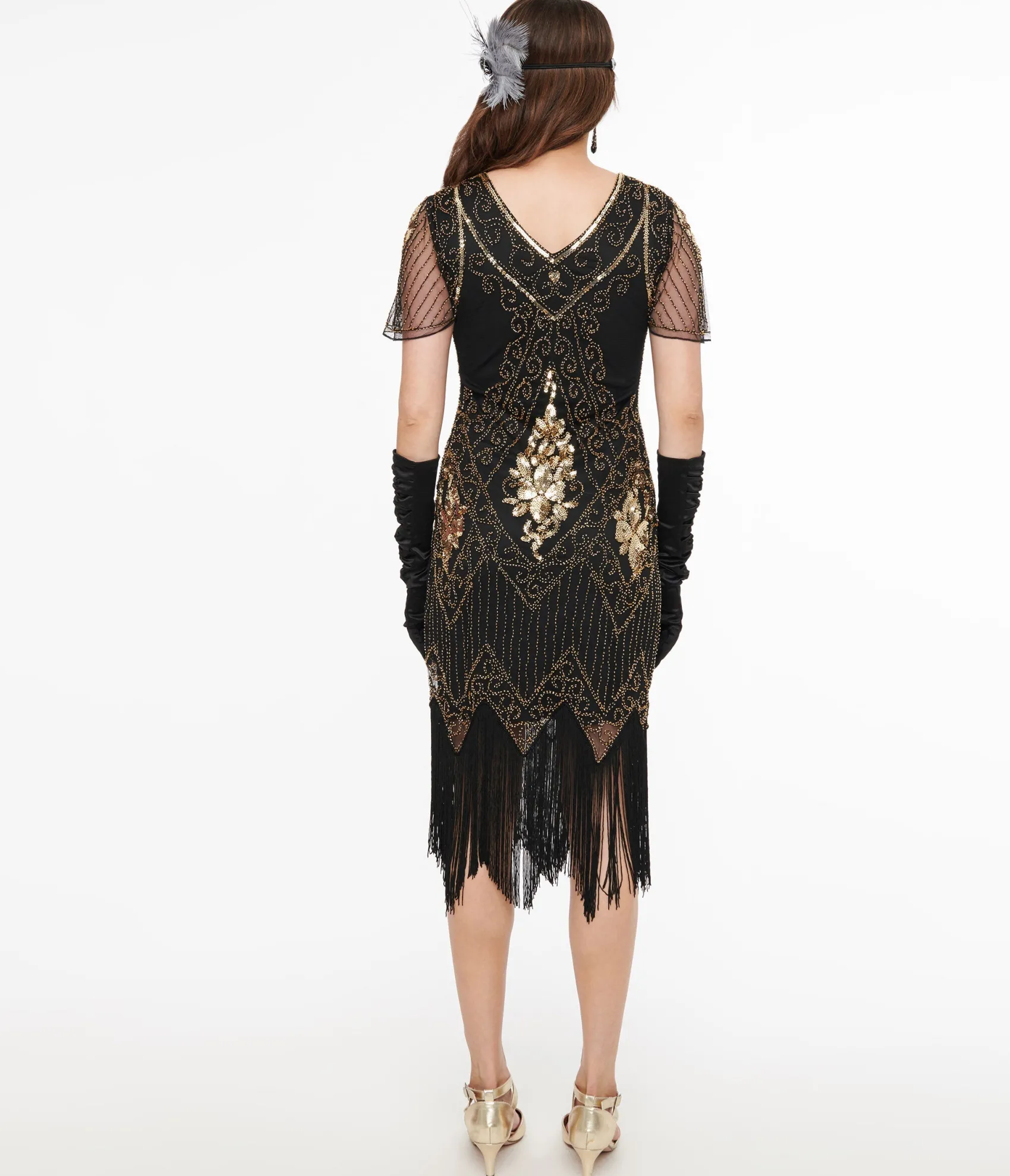 Unique Vintage 1920s Black & Gold Beaded Fringe Flapper Dress Outlet