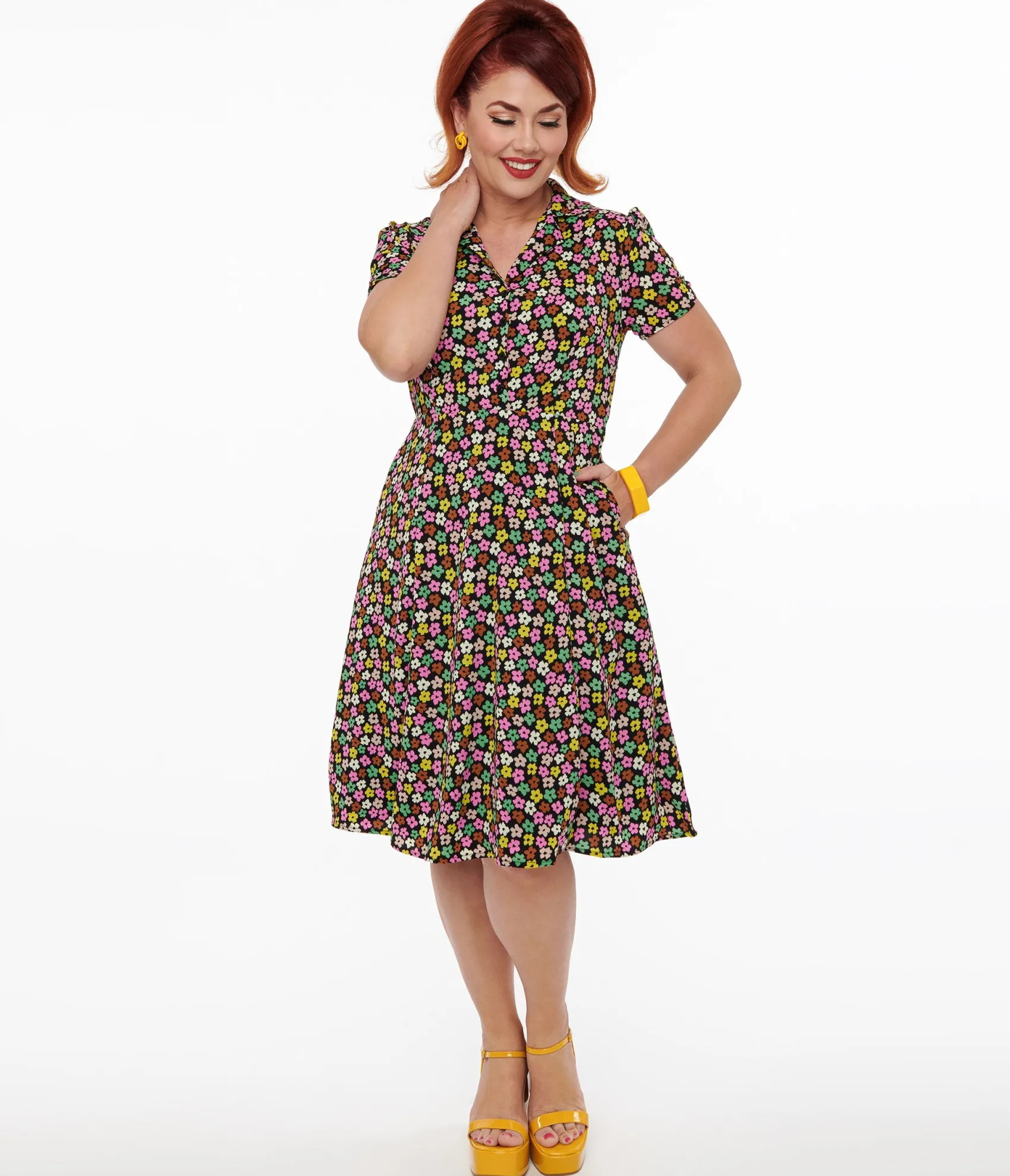 Unique Vintage 1950s Black & Multicolor Flower Print Fit & Flare Dress Cheap