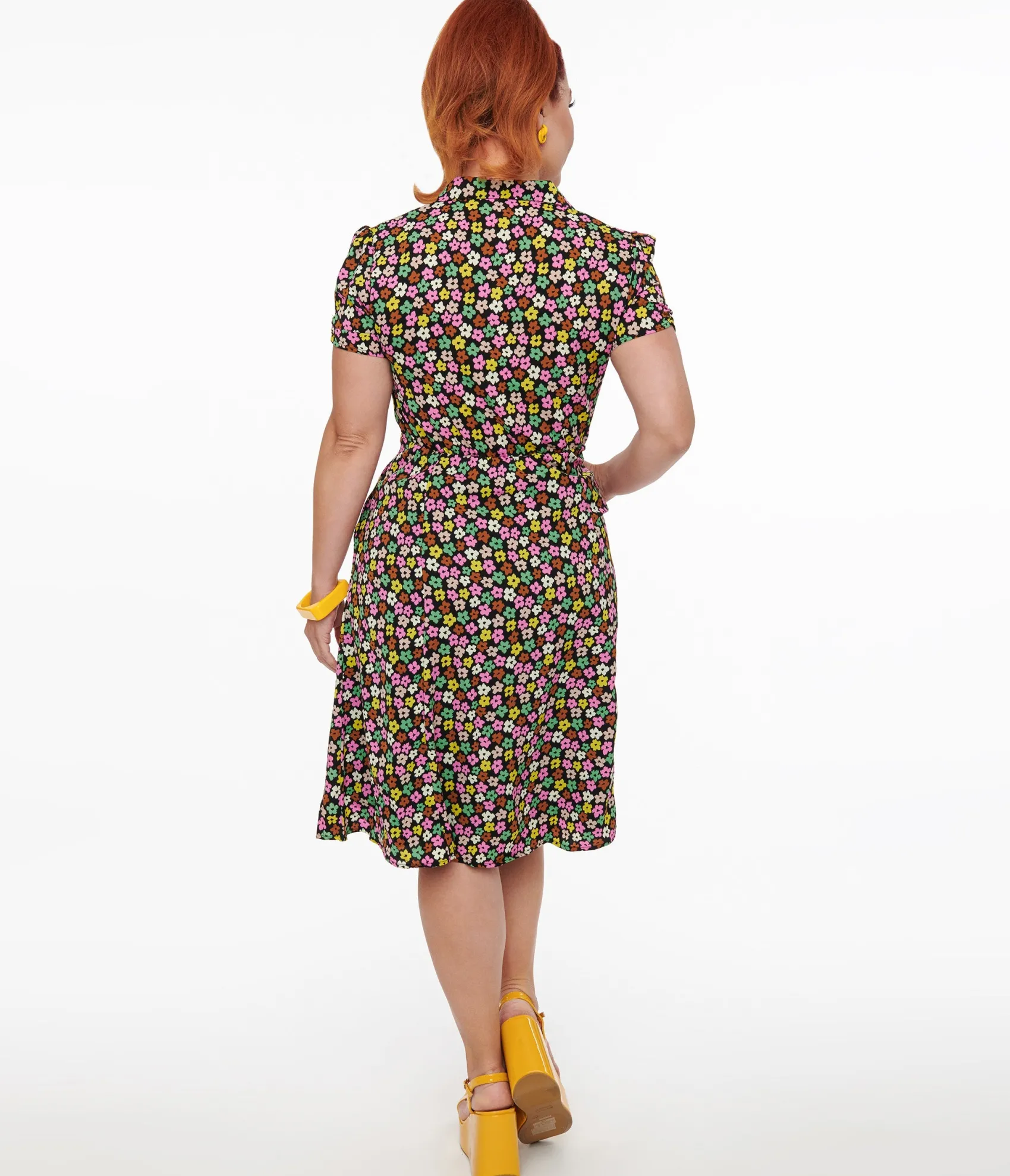 Unique Vintage 1950s Black & Multicolor Flower Print Fit & Flare Dress Cheap