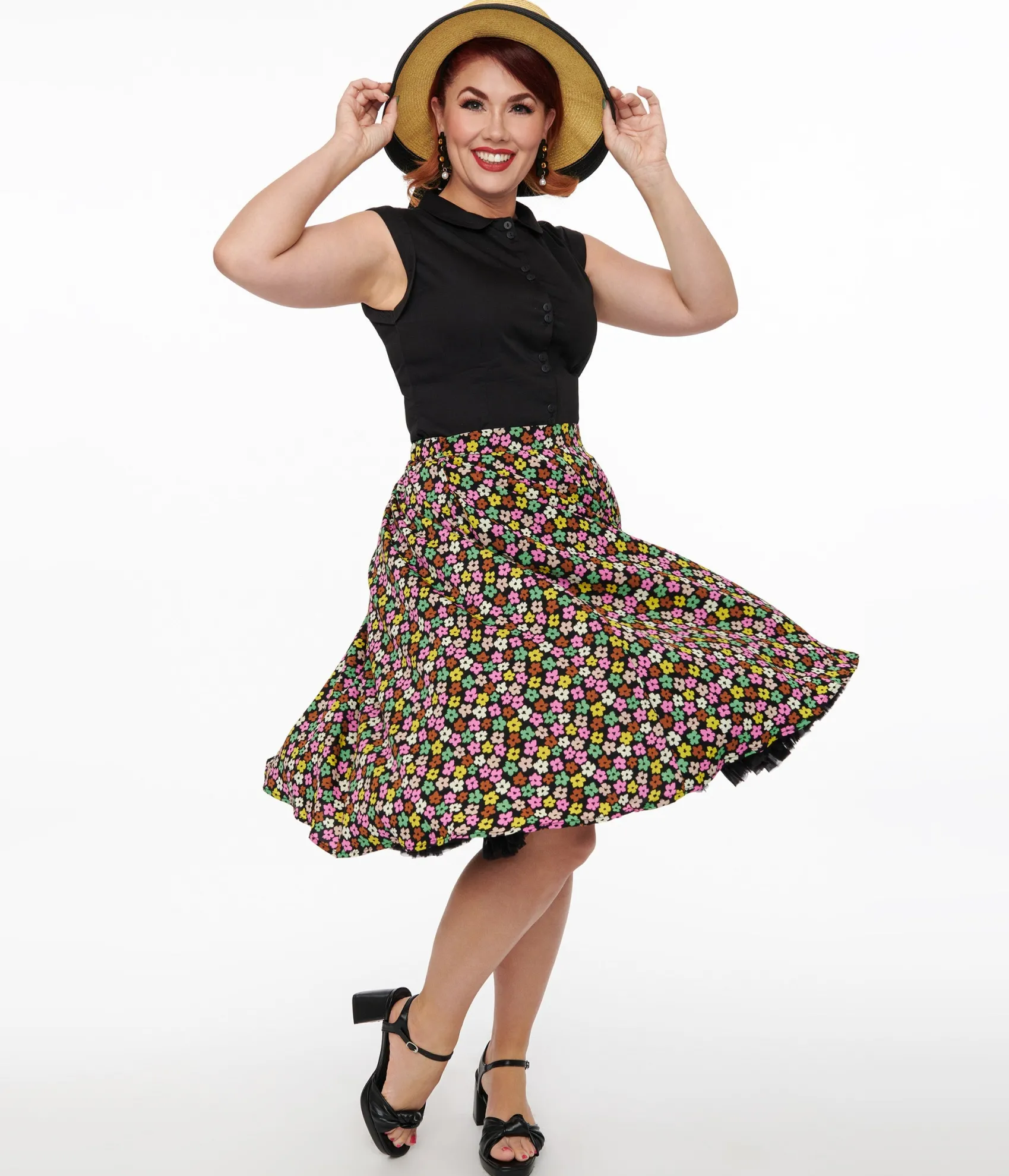 Unique Vintage 1950s Black & Multicolor Flower Print Swing Skirt Outlet
