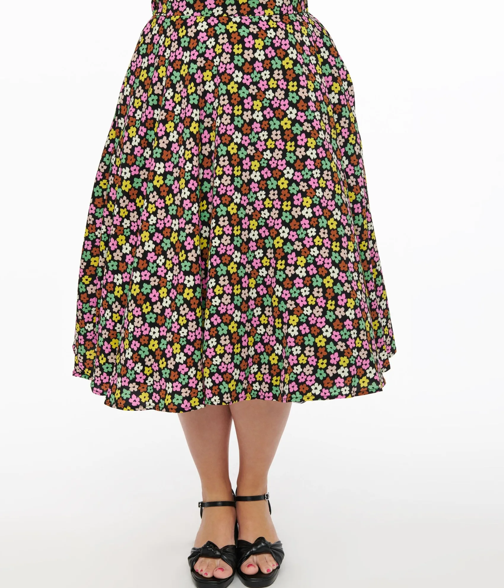 Unique Vintage 1950s Black & Multicolor Flower Print Swing Skirt Outlet