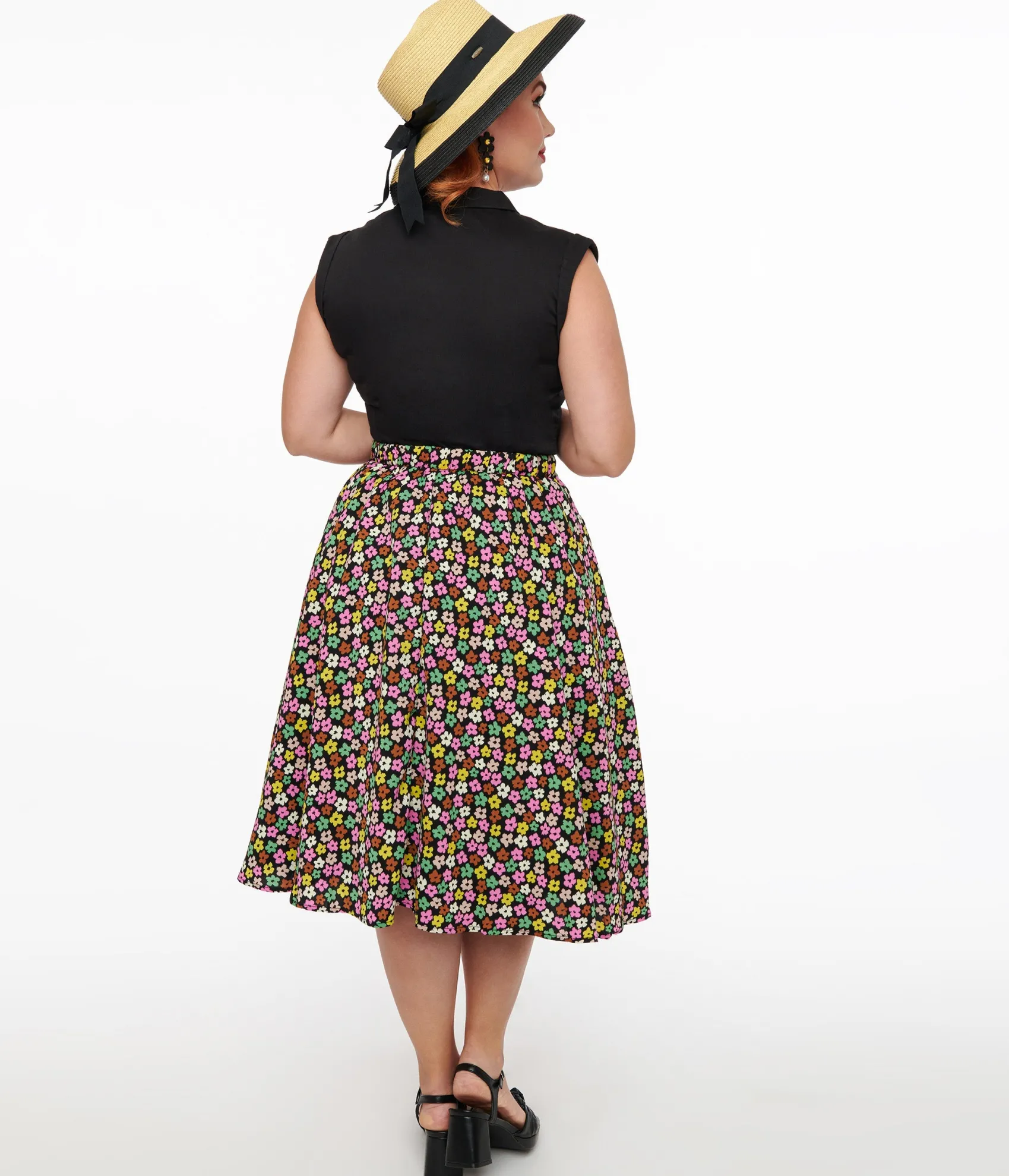 Unique Vintage 1950s Black & Multicolor Flower Print Swing Skirt Outlet