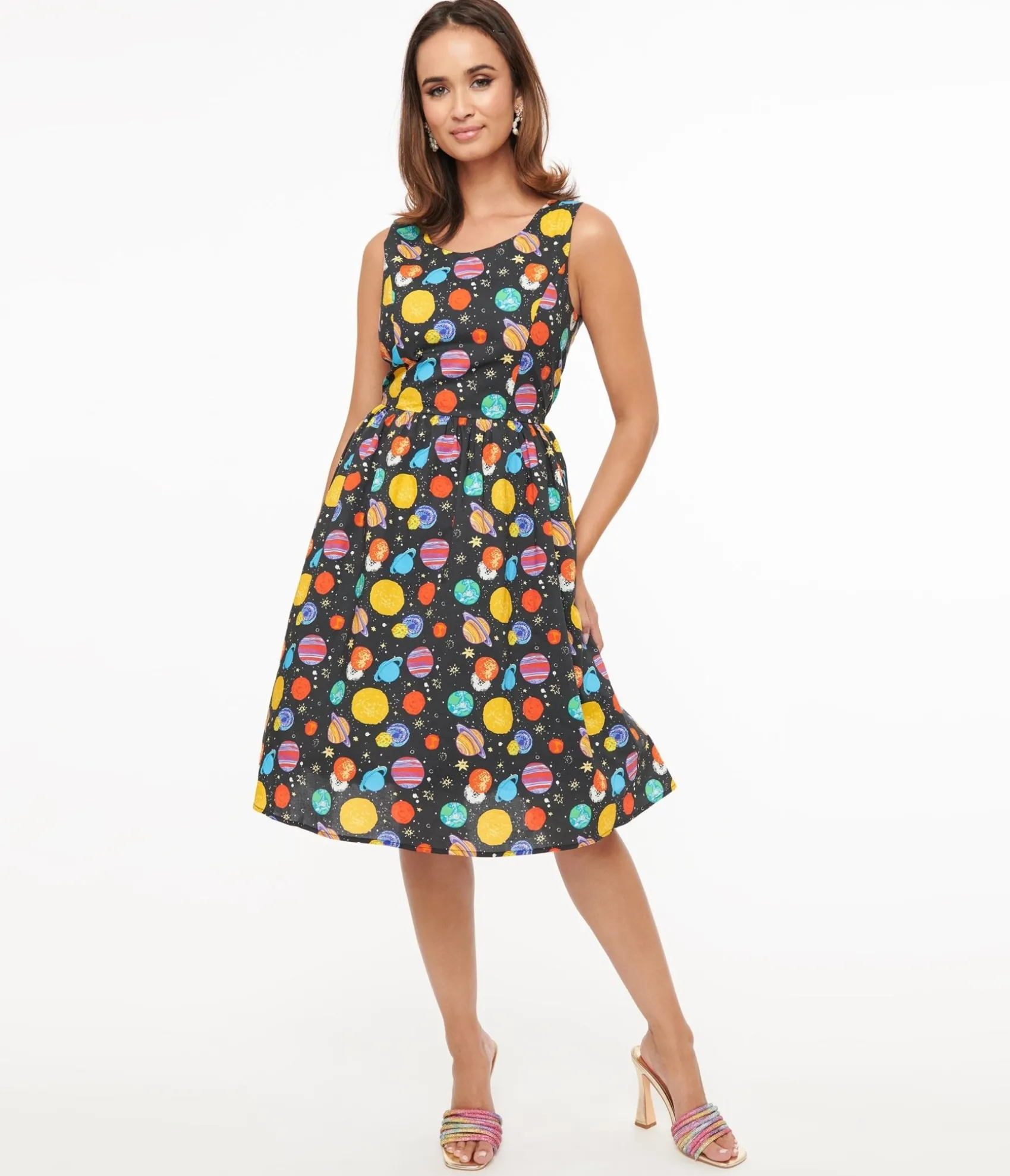 Unique Vintage 1950s Black & Multicolor Planets Cotton Swing Dress Discount