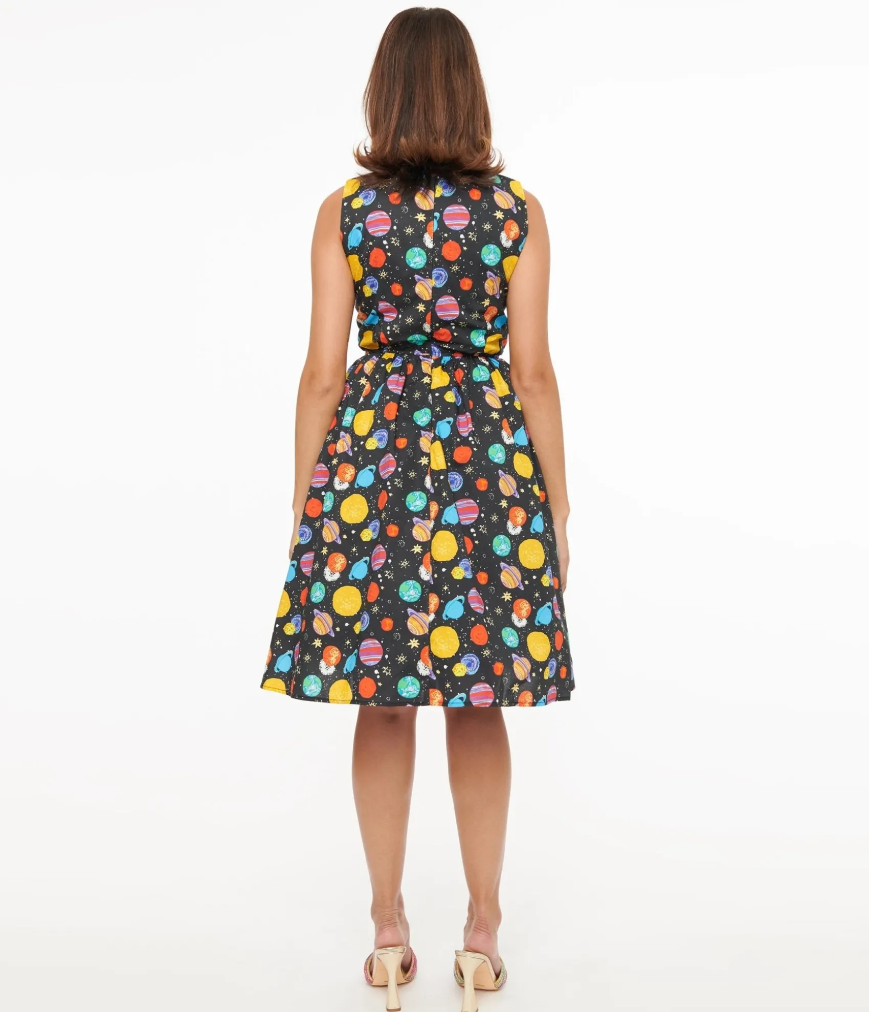 Unique Vintage 1950s Black & Multicolor Planets Cotton Swing Dress Discount