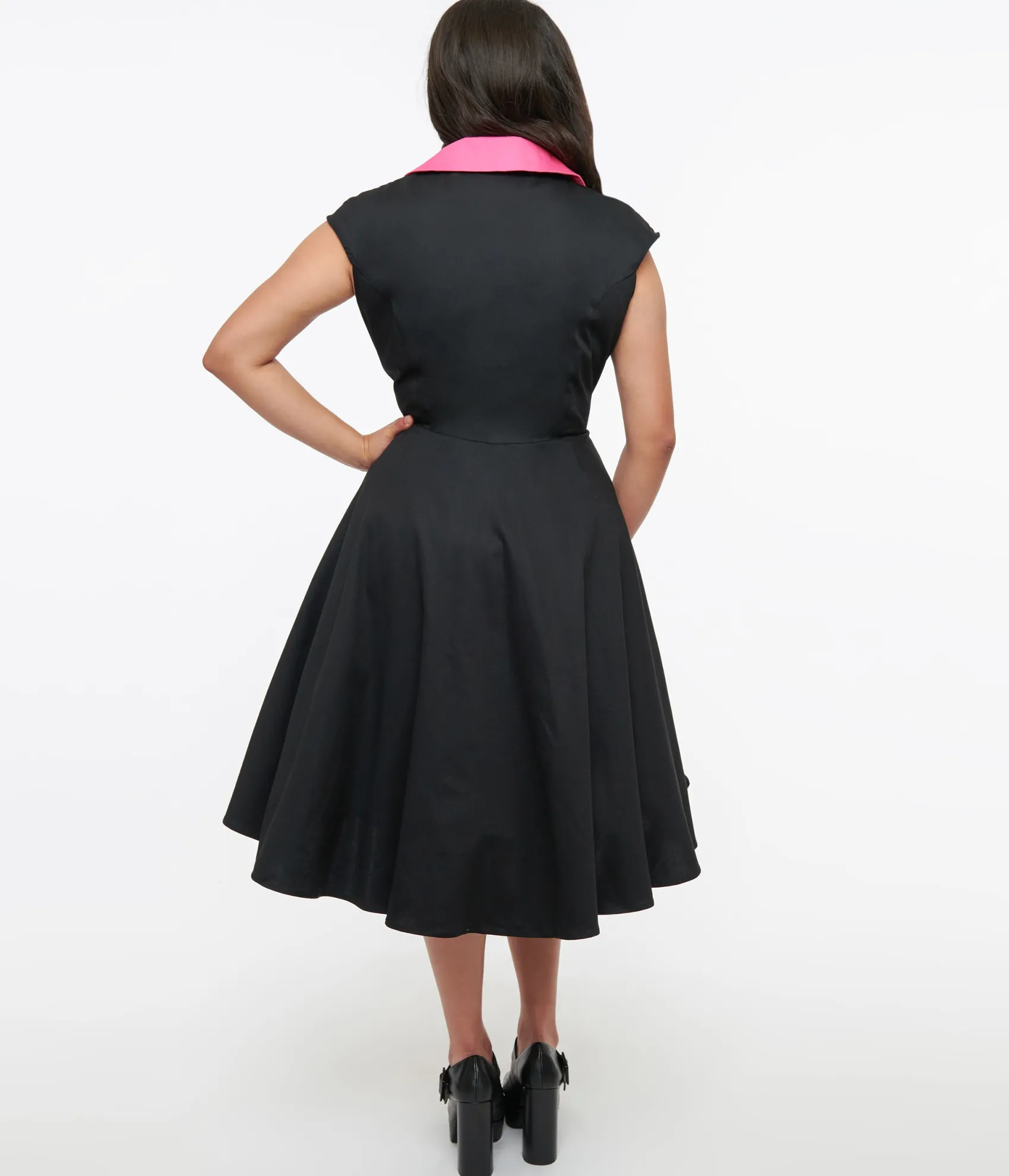 Unique Vintage 1950s Black & Pink Contrast Swing Dress Flash Sale