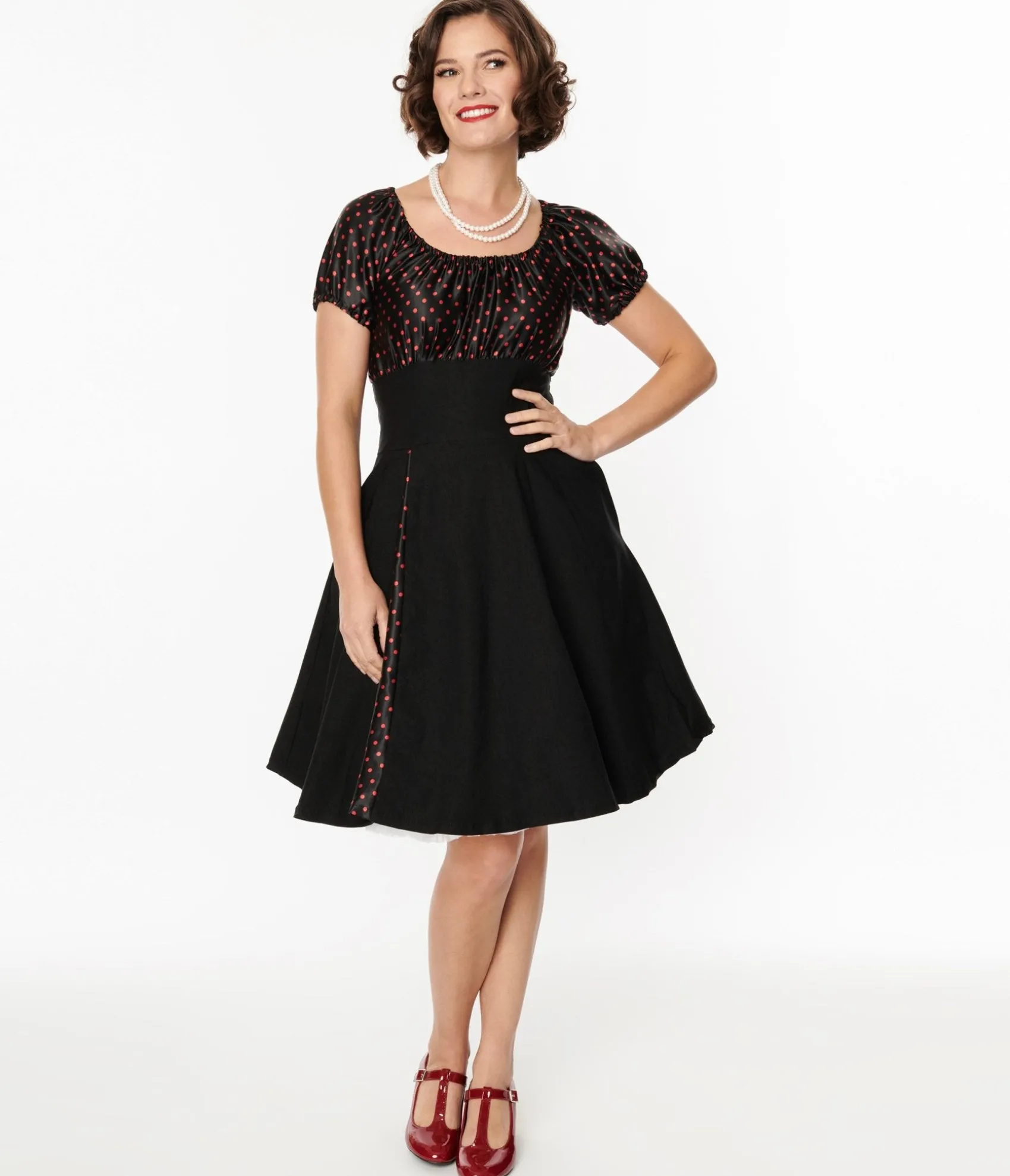 Unique Vintage 1940s Black & Red Polka Dot Romie Flare Dress Cheap