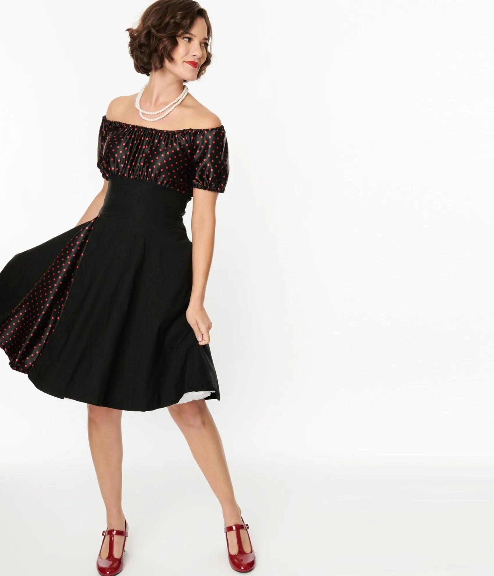 Unique Vintage 1940s Black & Red Polka Dot Romie Flare Dress Cheap