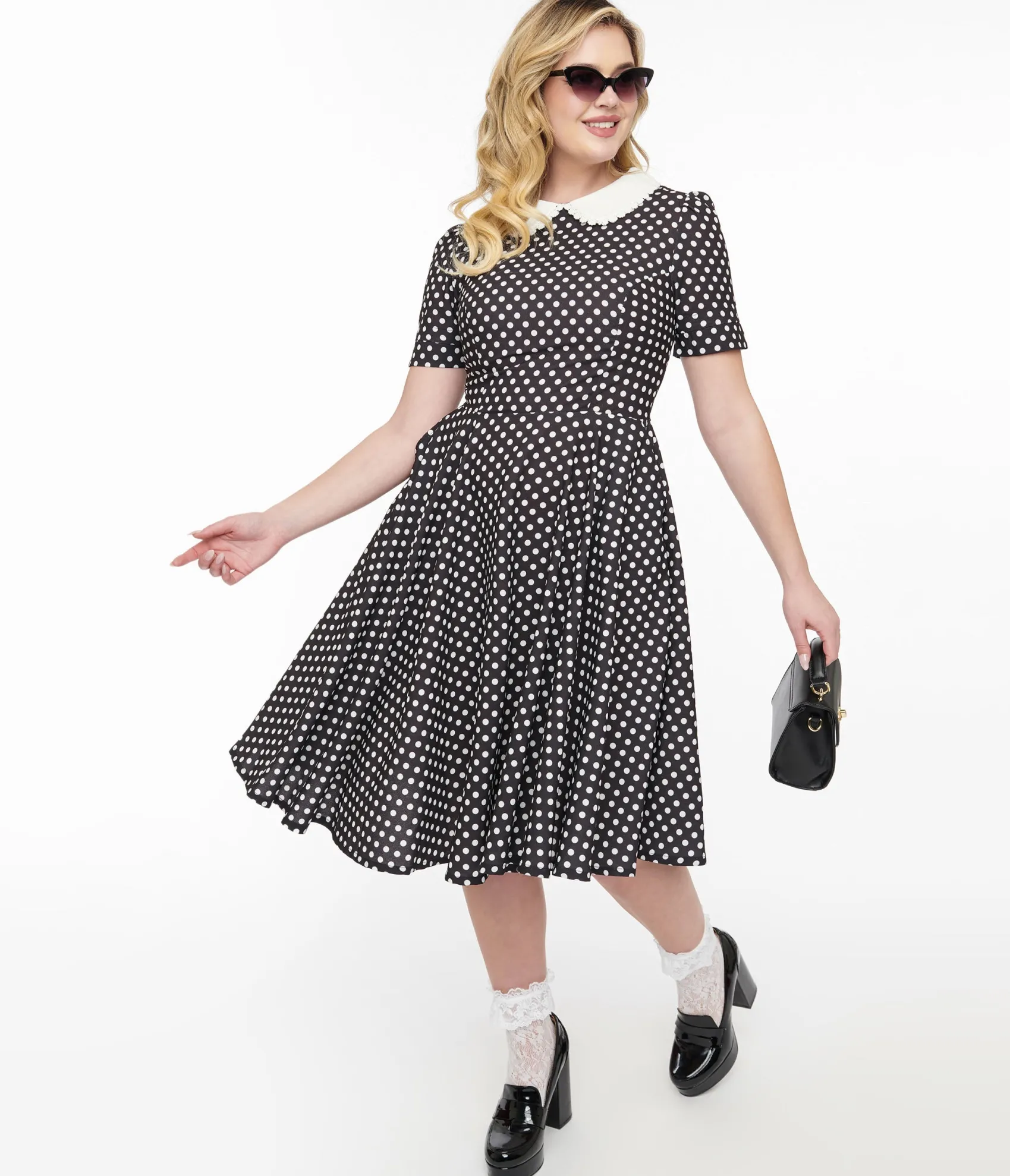 Unique Vintage 1950s Black & White Polka Dot Brielle Swing Dress Shop