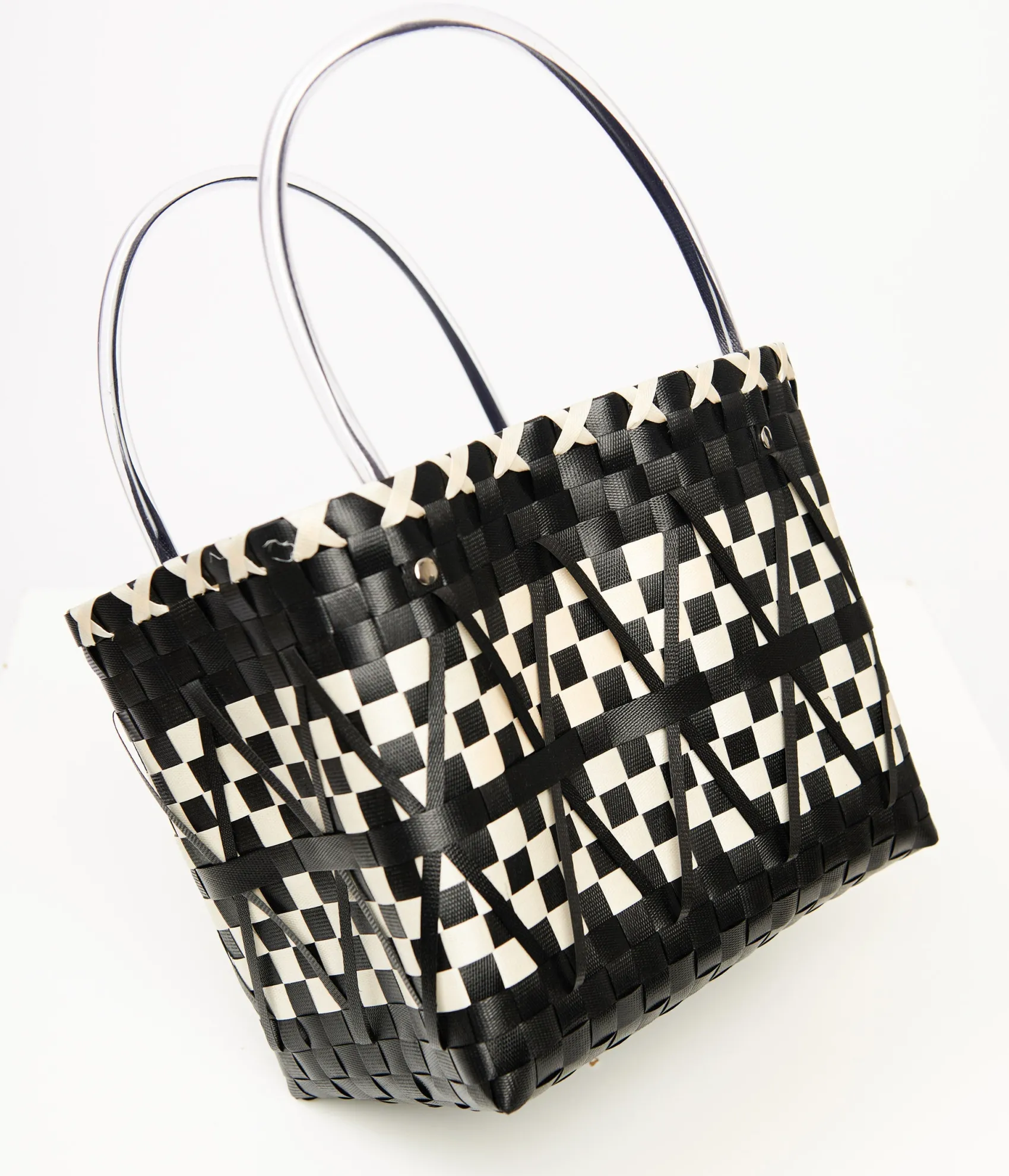 Unique Vintage 1970s Black & White Woven Chevron Basket Bag Cheap