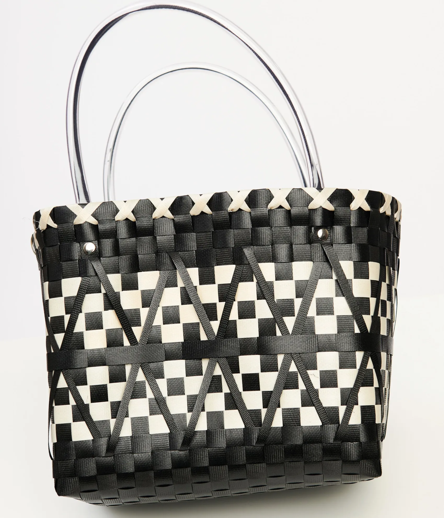 Unique Vintage 1970s Black & White Woven Chevron Basket Bag Cheap
