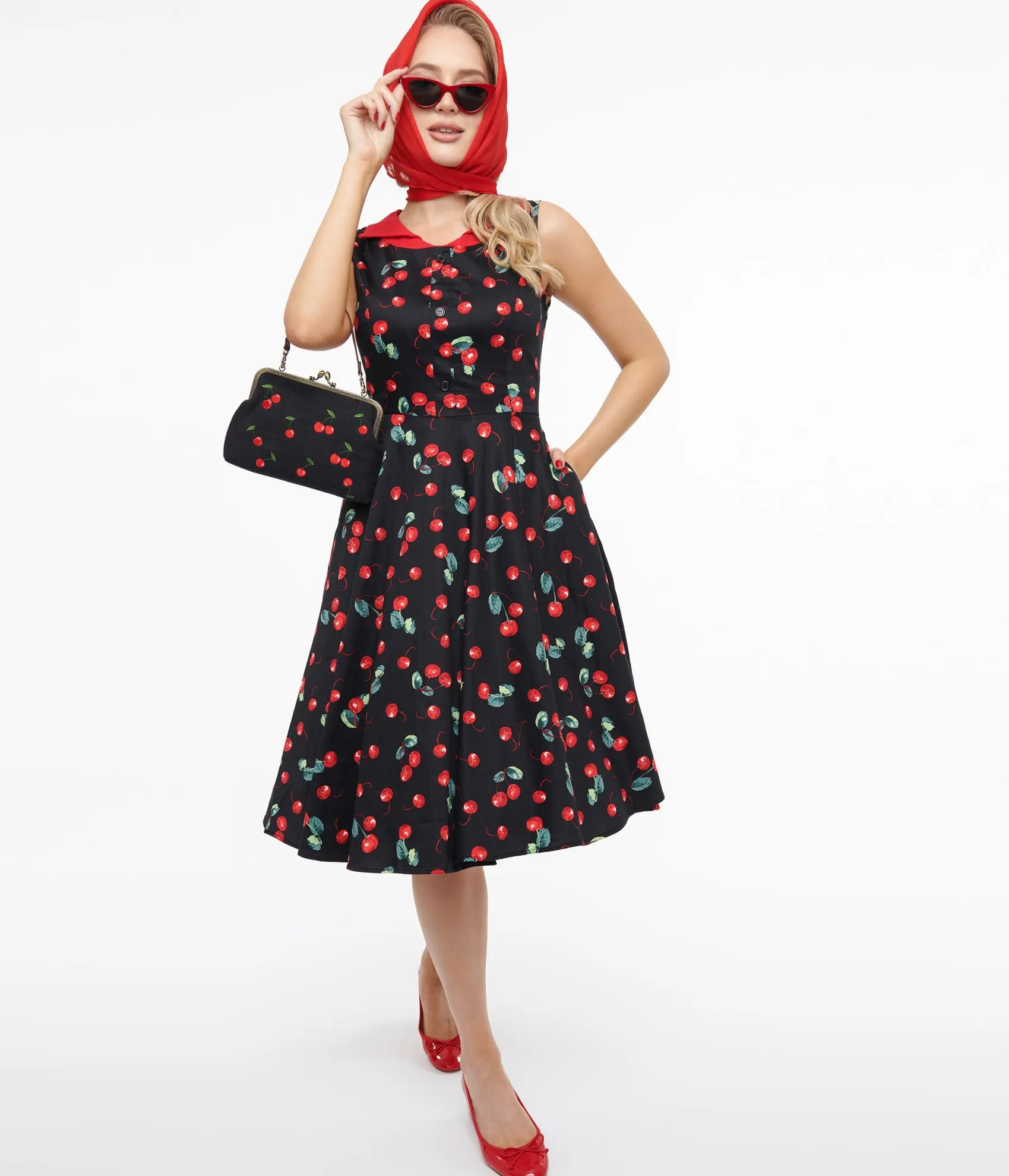 Unique Vintage 1950s Black Cherry Cotton Swing Dress Cheap