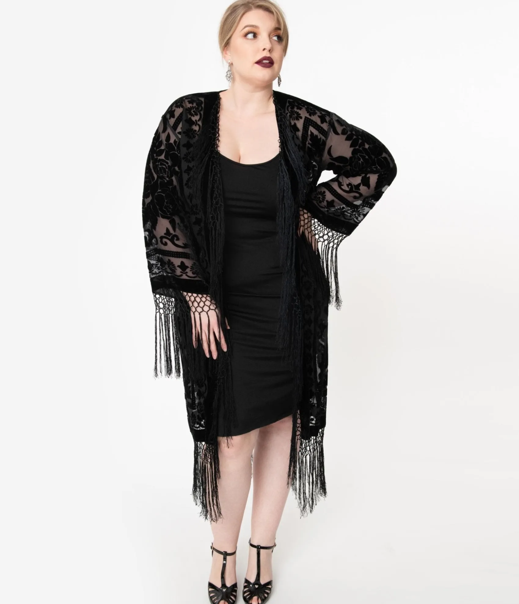 Unique Vintage 1920s Black Devore Velvet Lattice Scarf Coat Best