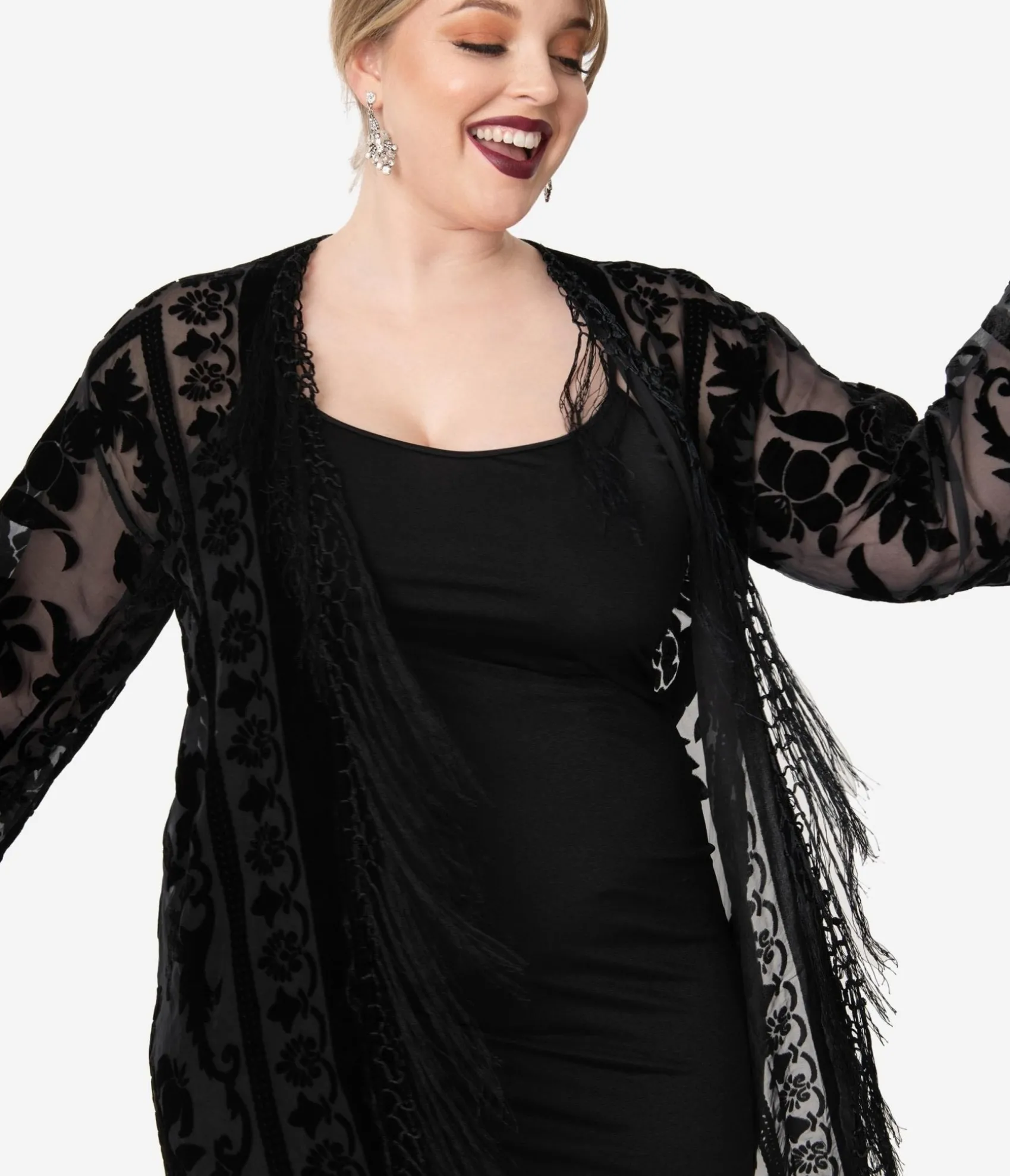 Unique Vintage 1920s Black Devore Velvet Lattice Scarf Coat Best