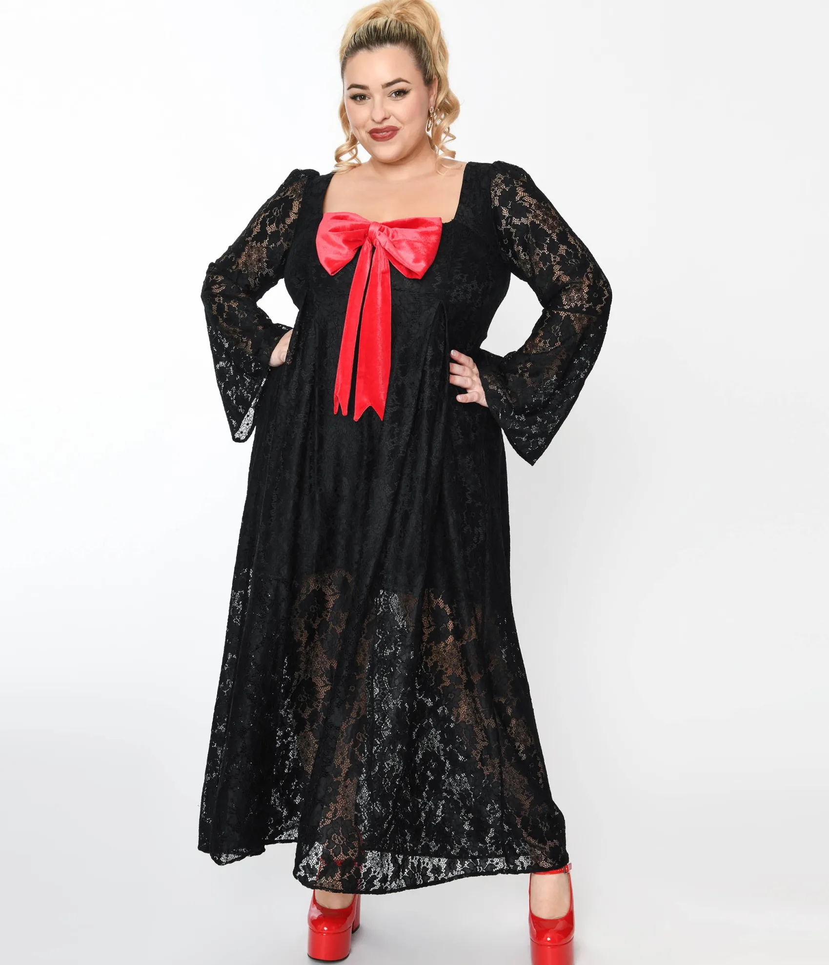 Unique Vintage 1970s Black Lace & Interchangeable Bow Priscilla Maxi Dress Fashion