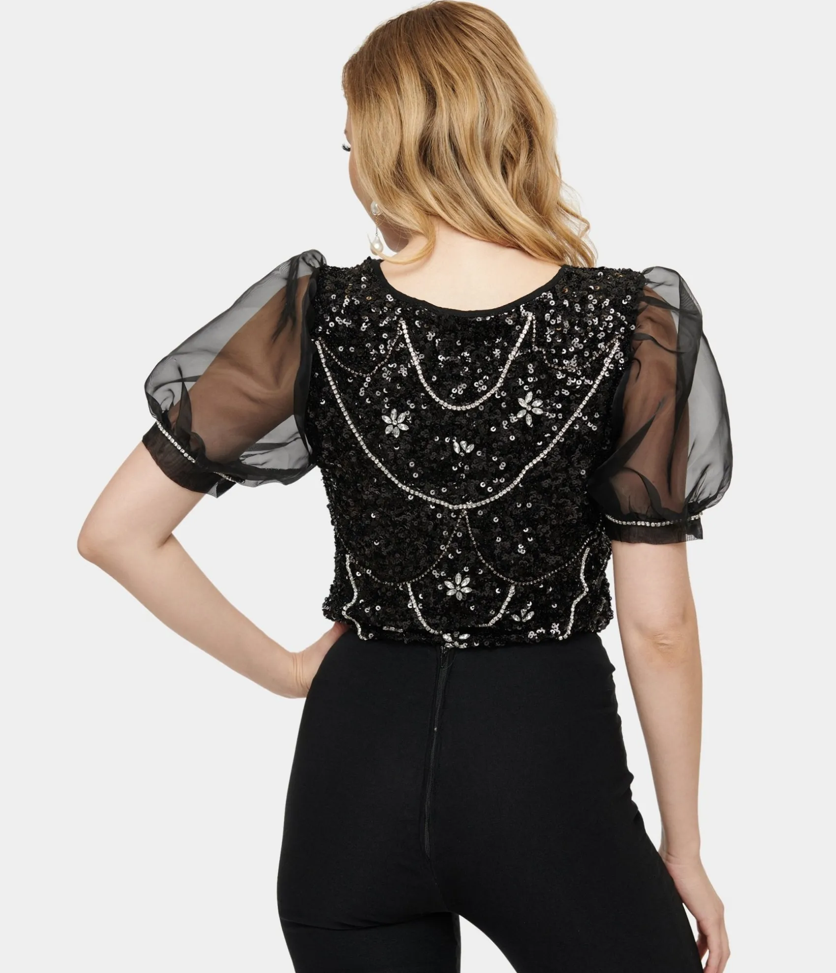 Unique Vintage 1980s Black Sequin & Rhinestone Organza Top Best