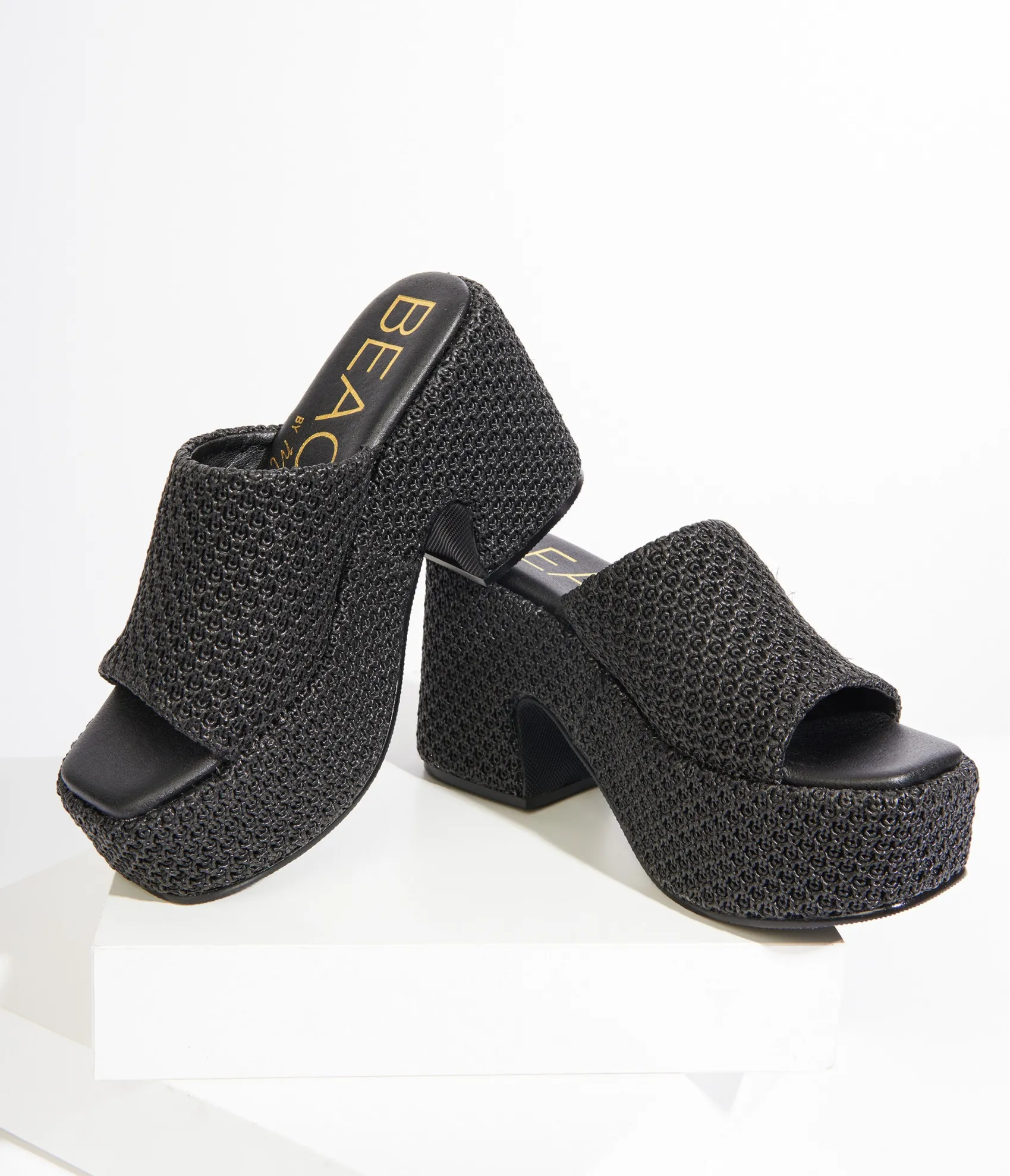 Unique Vintage 1970s Black Woven Jute Platform Mule Sandals New