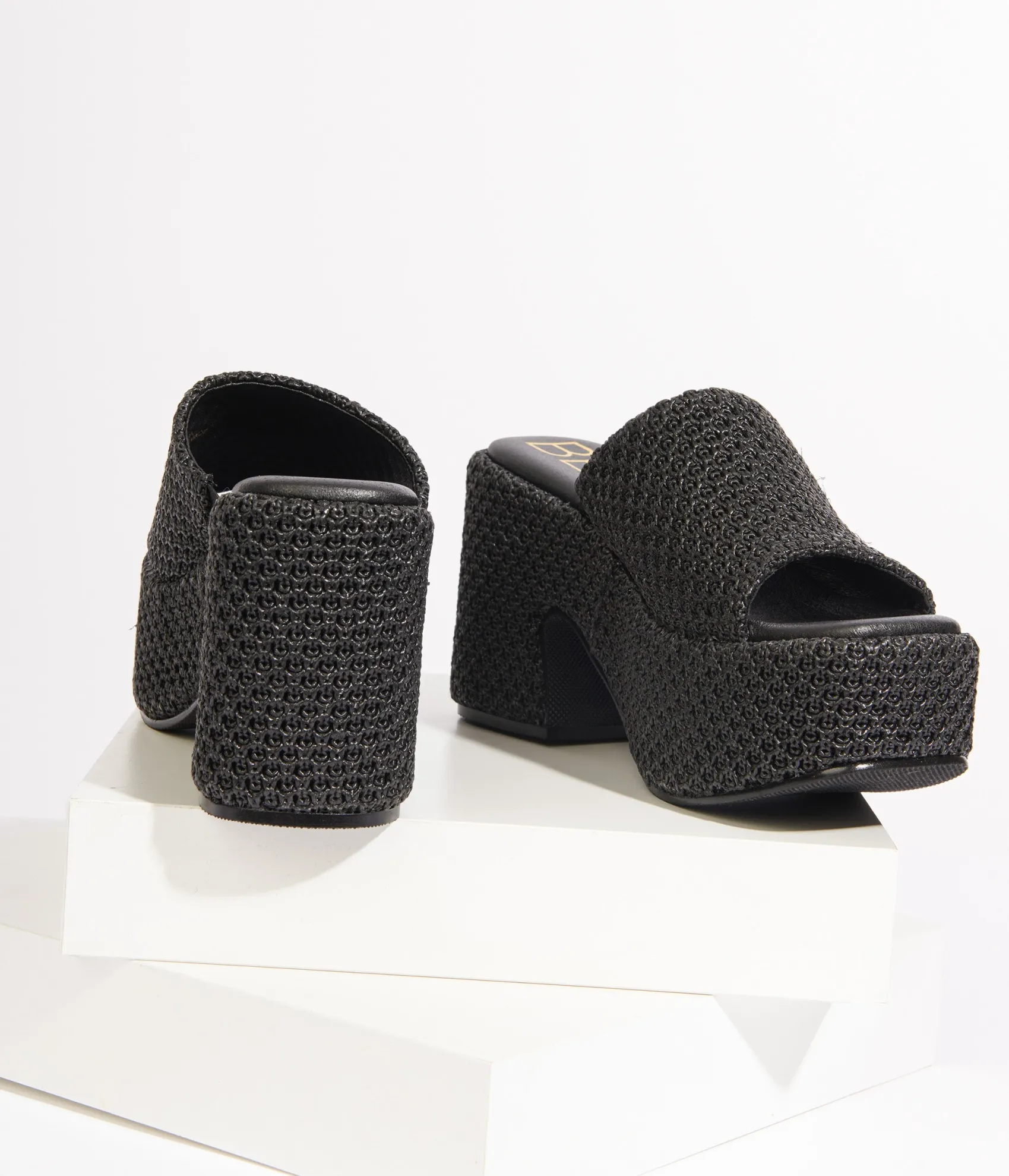 Unique Vintage 1970s Black Woven Jute Platform Mule Sandals New