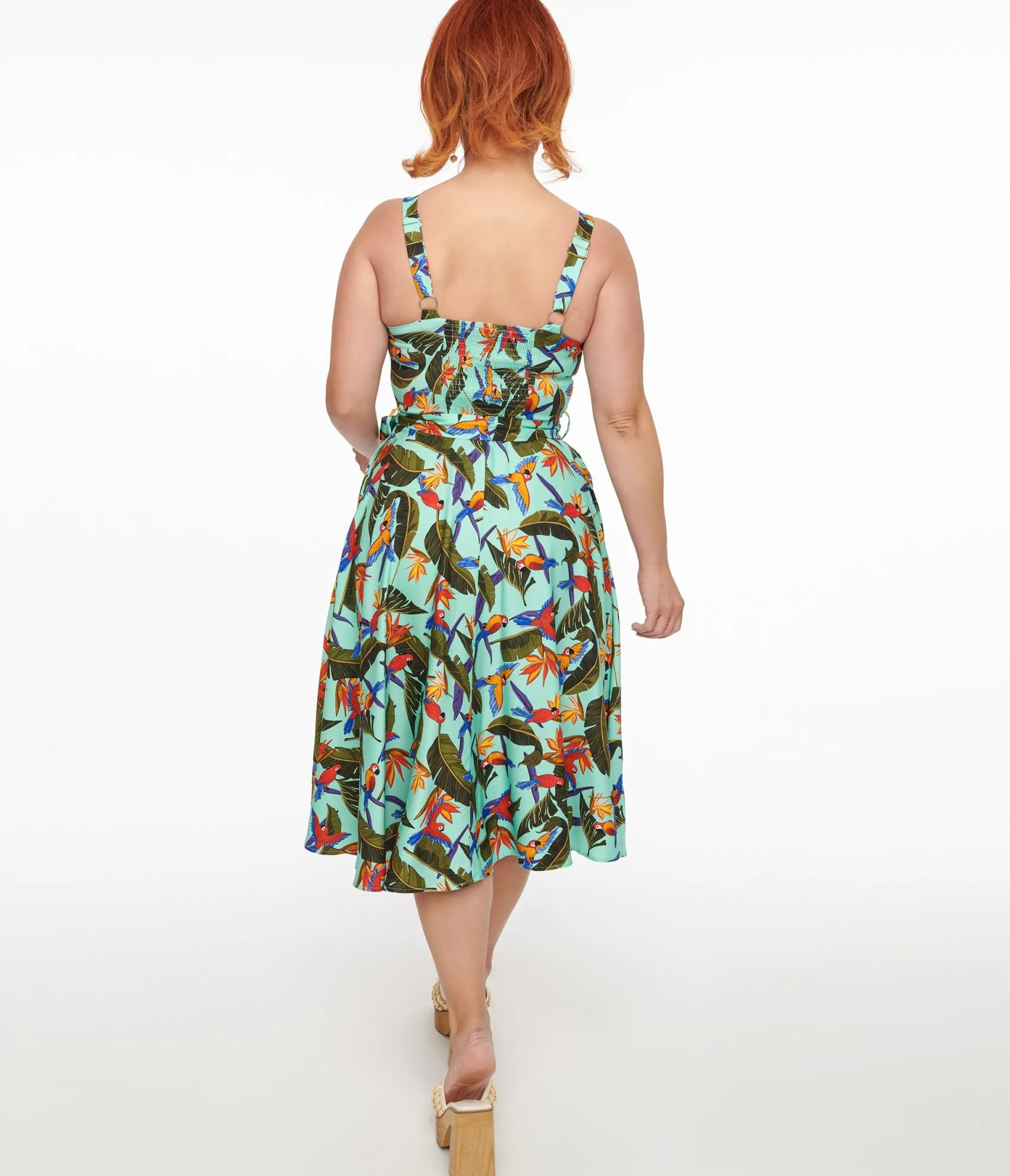 Unique Vintage 1950s Blue & Green Tropical Parrot Print Lori Swing Dress Clearance