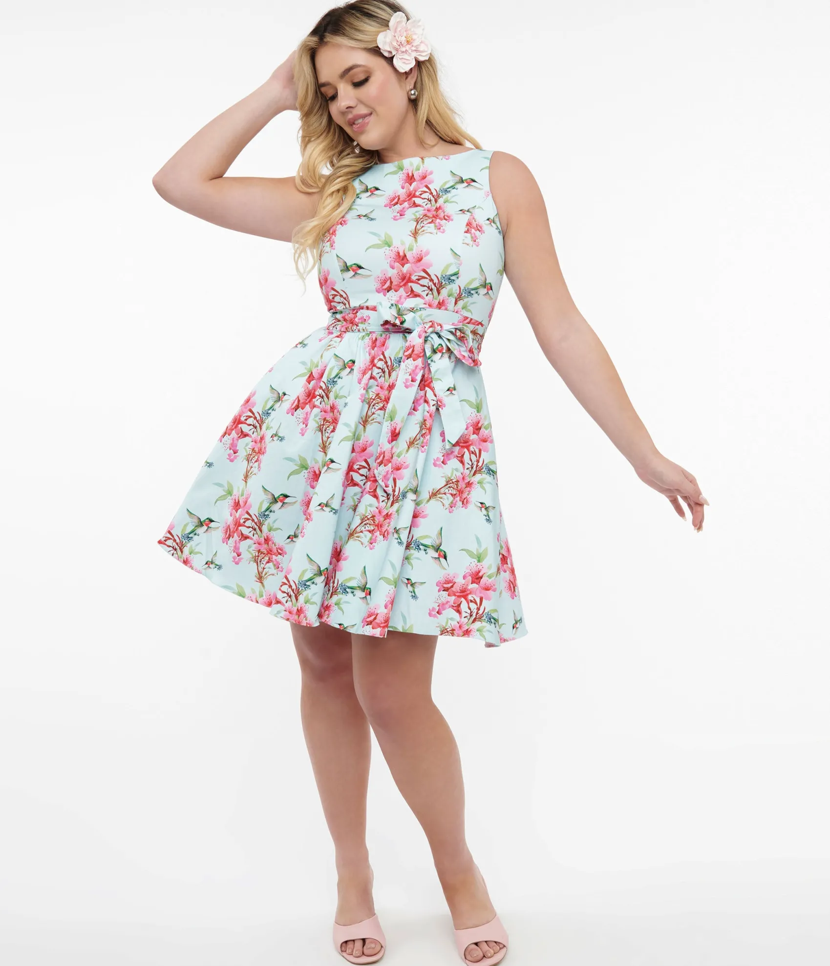 Unique Vintage 1950s Blue & Pink Floral Hummingbird Print Cotton Tea Fit & Flare Dress Cheap
