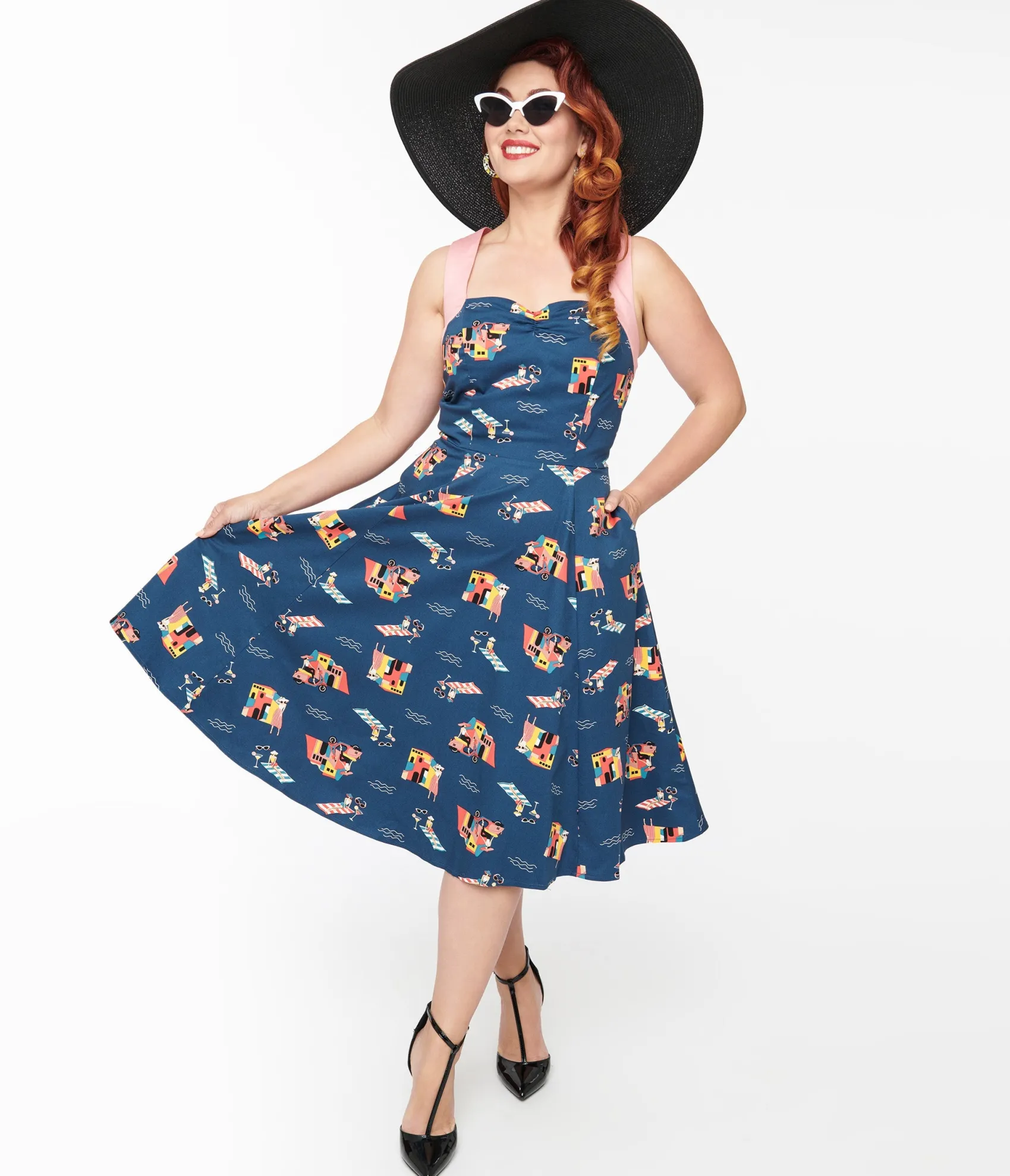 Unique Vintage 1950s Blue Cotton Portofino Living Print Swing Dress Store