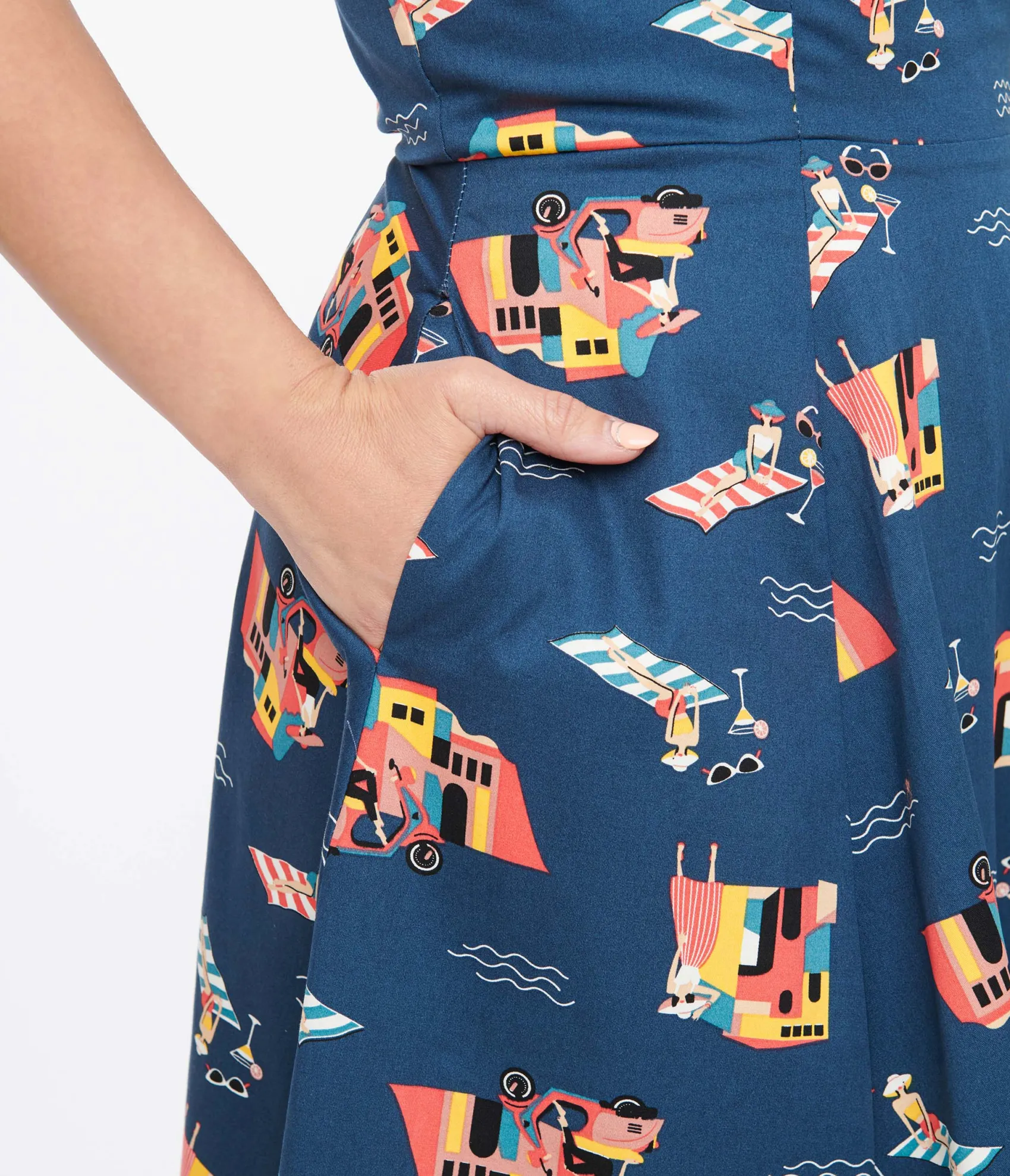 Unique Vintage 1950s Blue Cotton Portofino Living Print Swing Dress Store