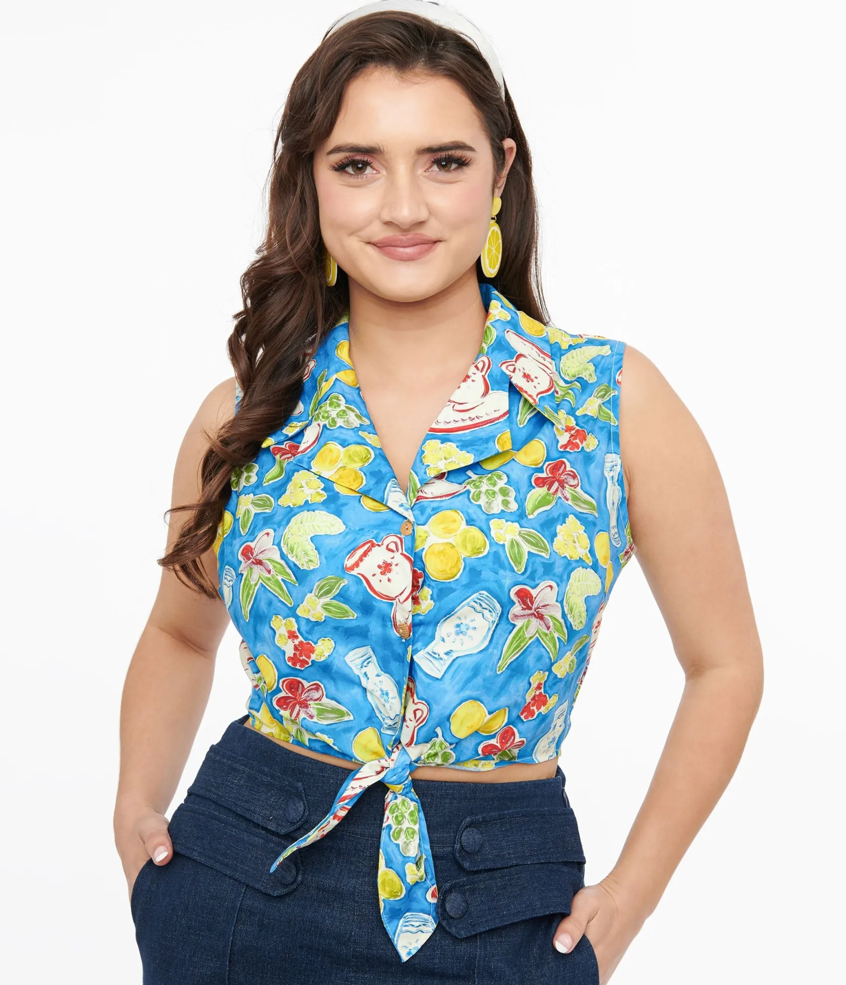 Unique Vintage 1950s Blue Lemon In My Tea Print Crop Top Online