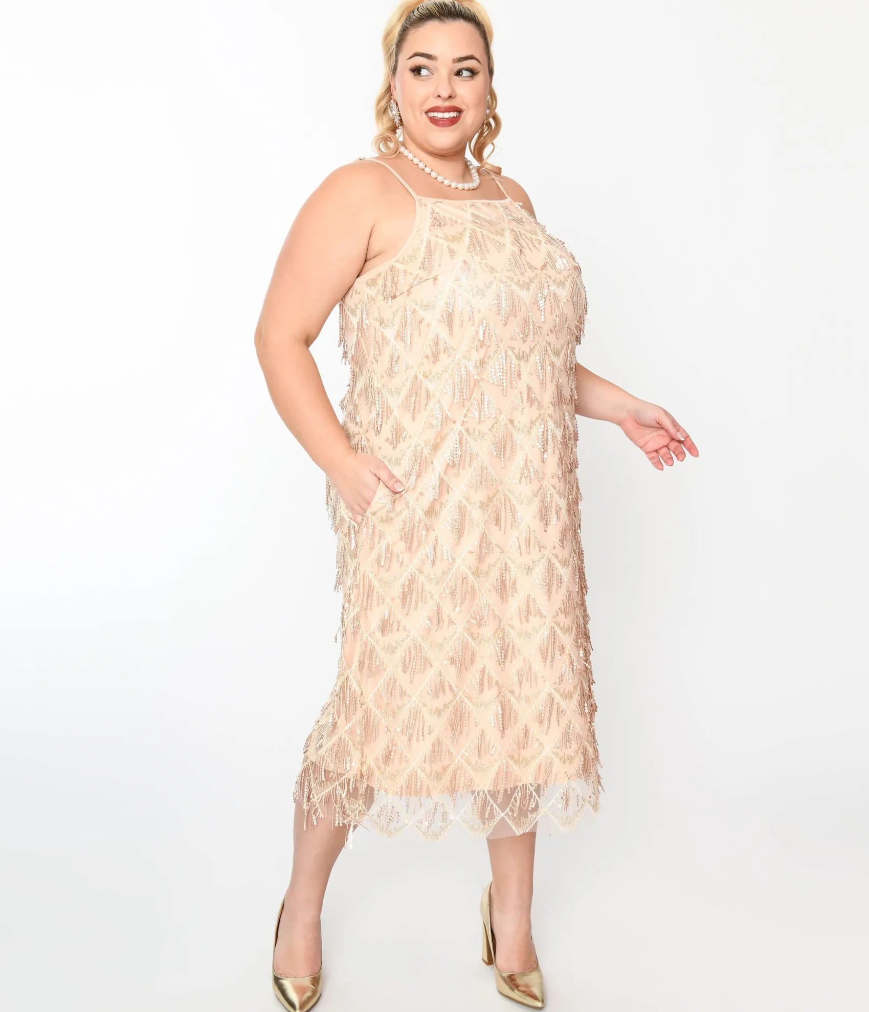 Unique Vintage 1920s Champagne Sequin Fringe Midi Dress Cheap
