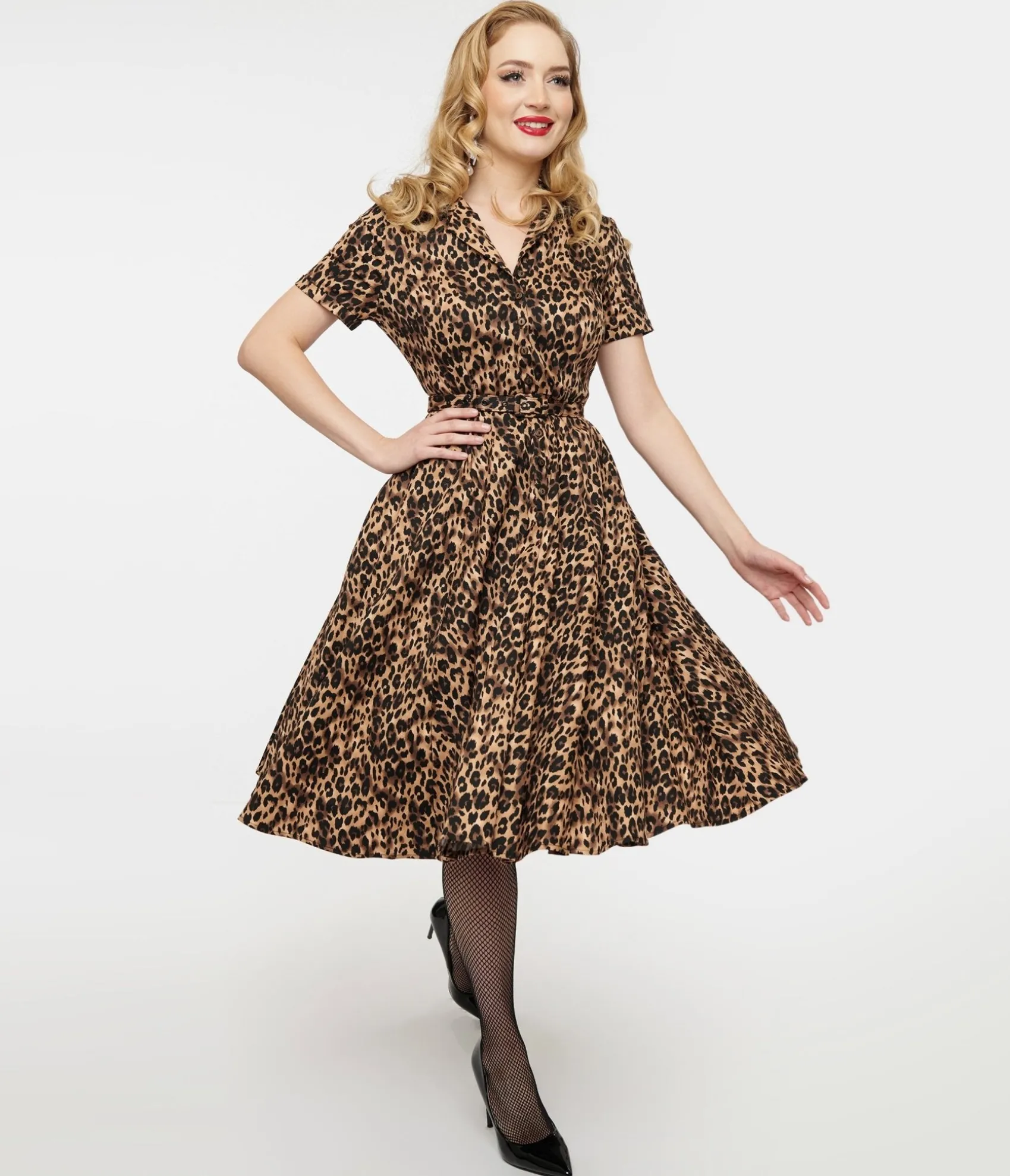 Unique Vintage 1950s Cheetah Girl Belted Swing Dress Best Sale