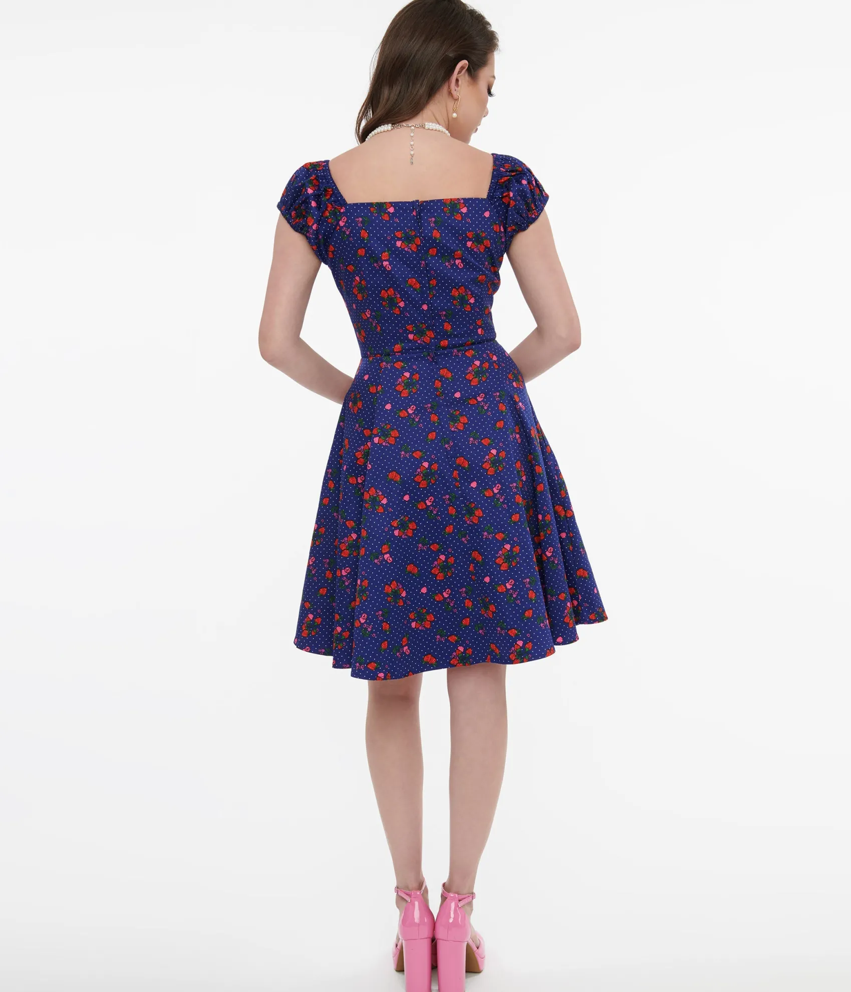 Unique Vintage 1950s Collectif Blue & Mixed Berries Print Dolores Mini Dress Sale