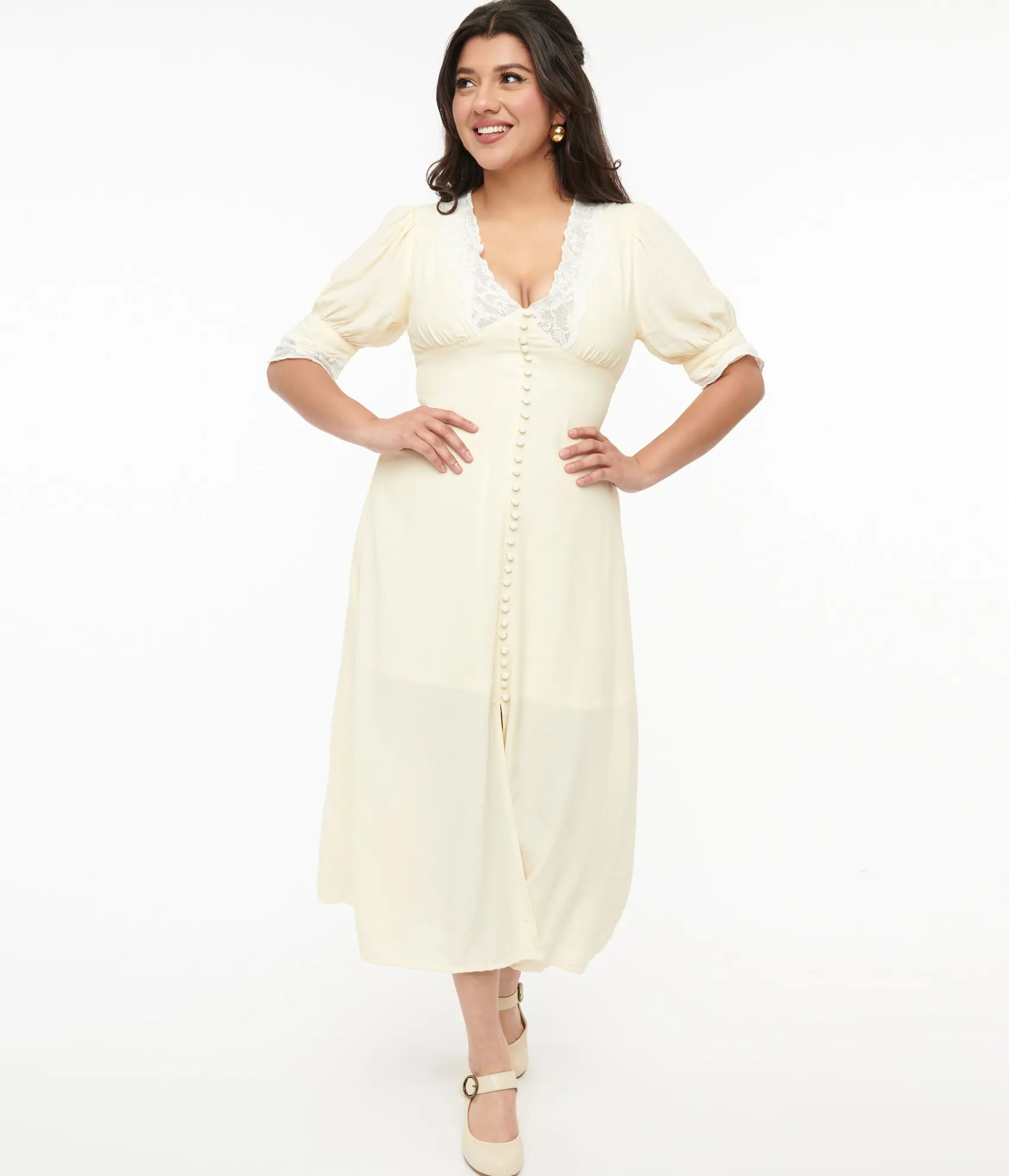 Unique Vintage 1930s Cream & White Lace Midi Dress Cheap