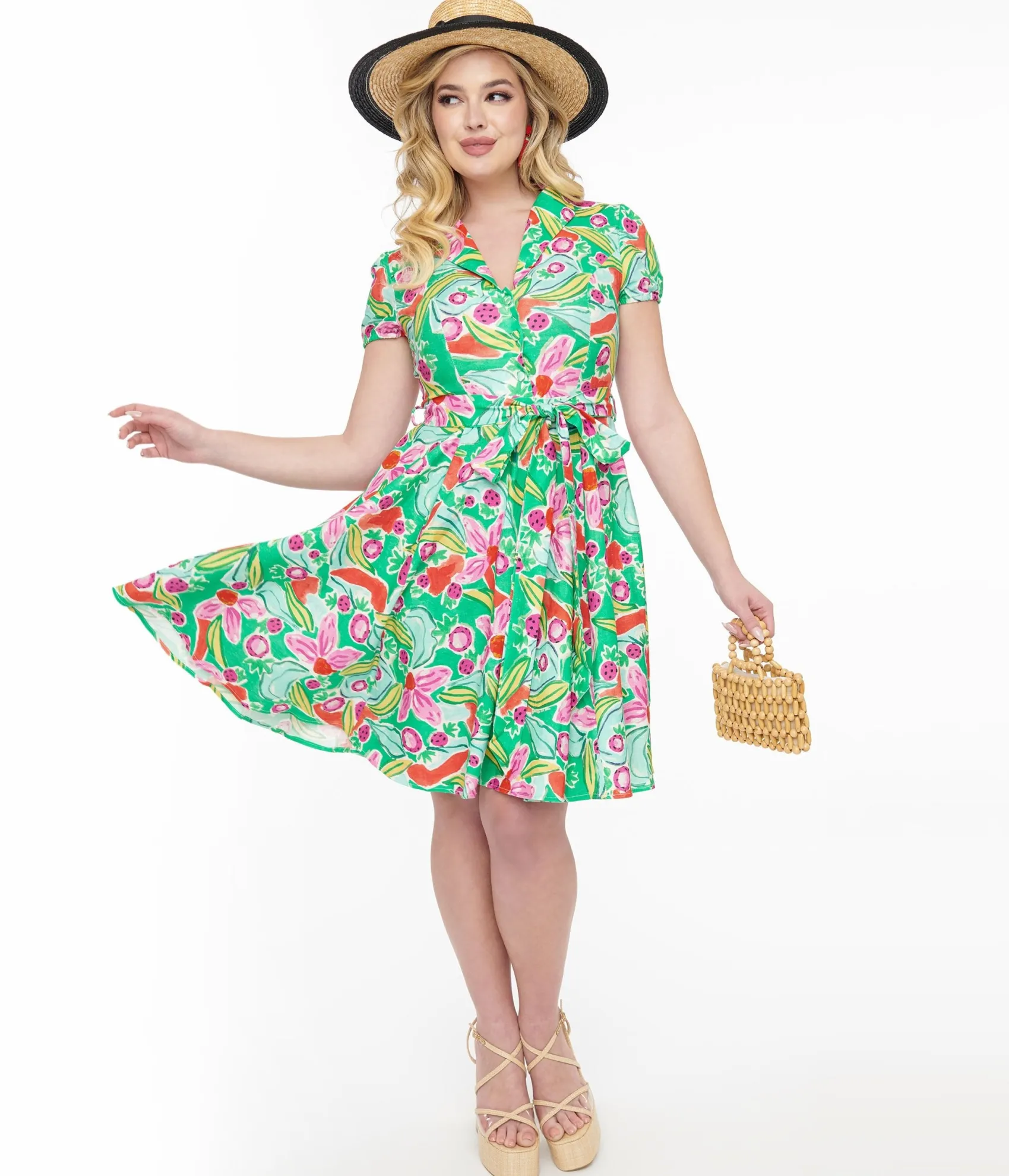 Unique Vintage 1950s Green & Pink Berry Bloom Print Monroe Fit & Flare Dress Shop