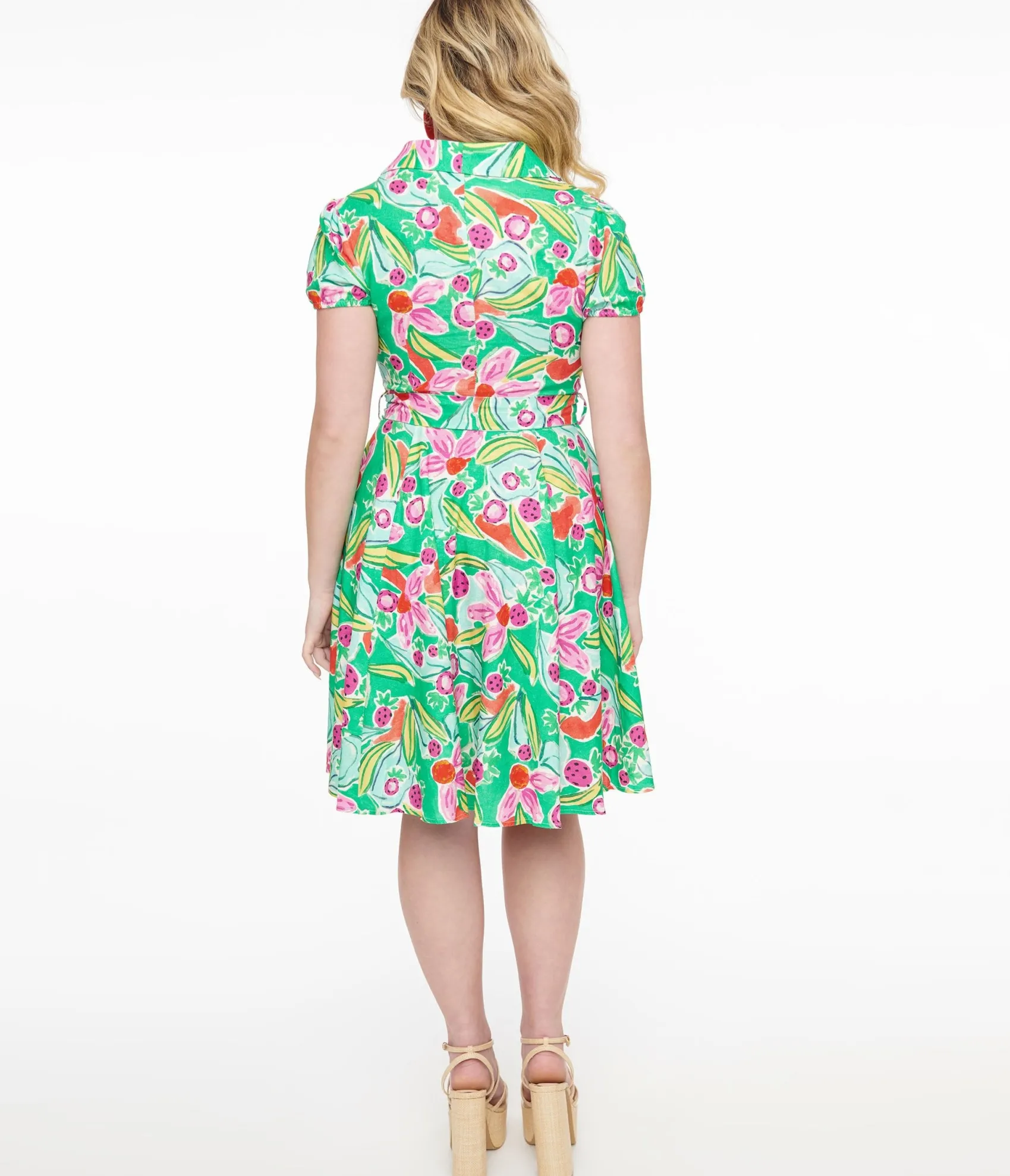 Unique Vintage 1950s Green & Pink Berry Bloom Print Monroe Fit & Flare Dress Shop