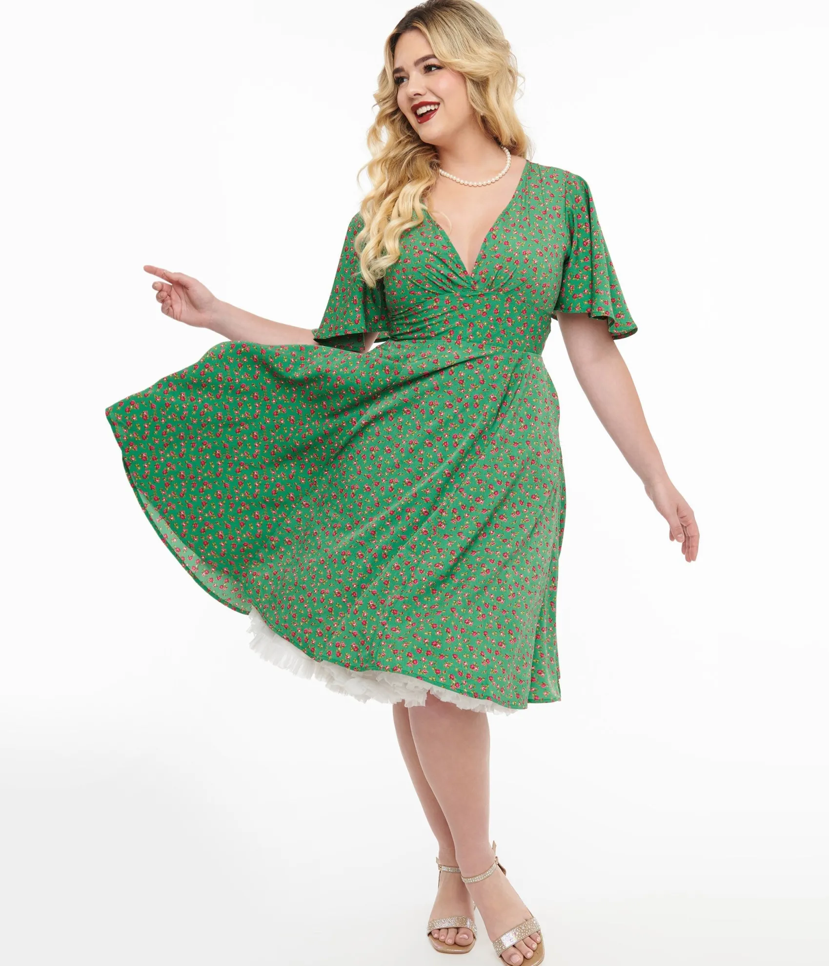 Unique Vintage 1950s Green & Pink Rose Fit & Flare Dress Online