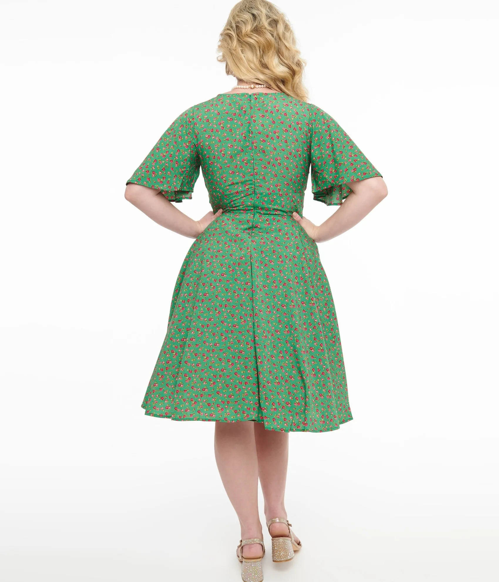 Unique Vintage 1950s Green & Pink Rose Fit & Flare Dress Online