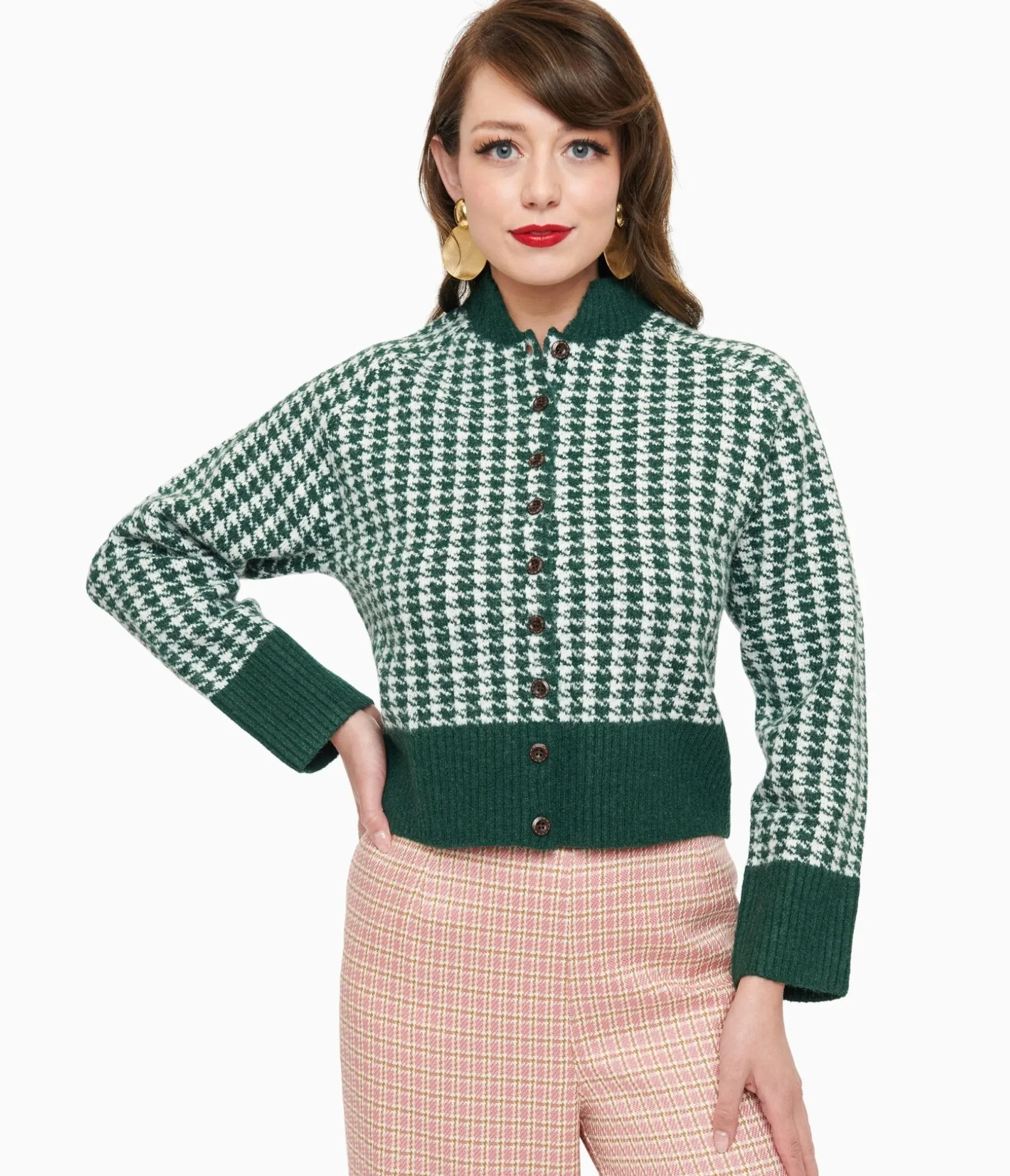 Unique Vintage 1950s Green & White Houndstooth Hattie Cardigan Cheap