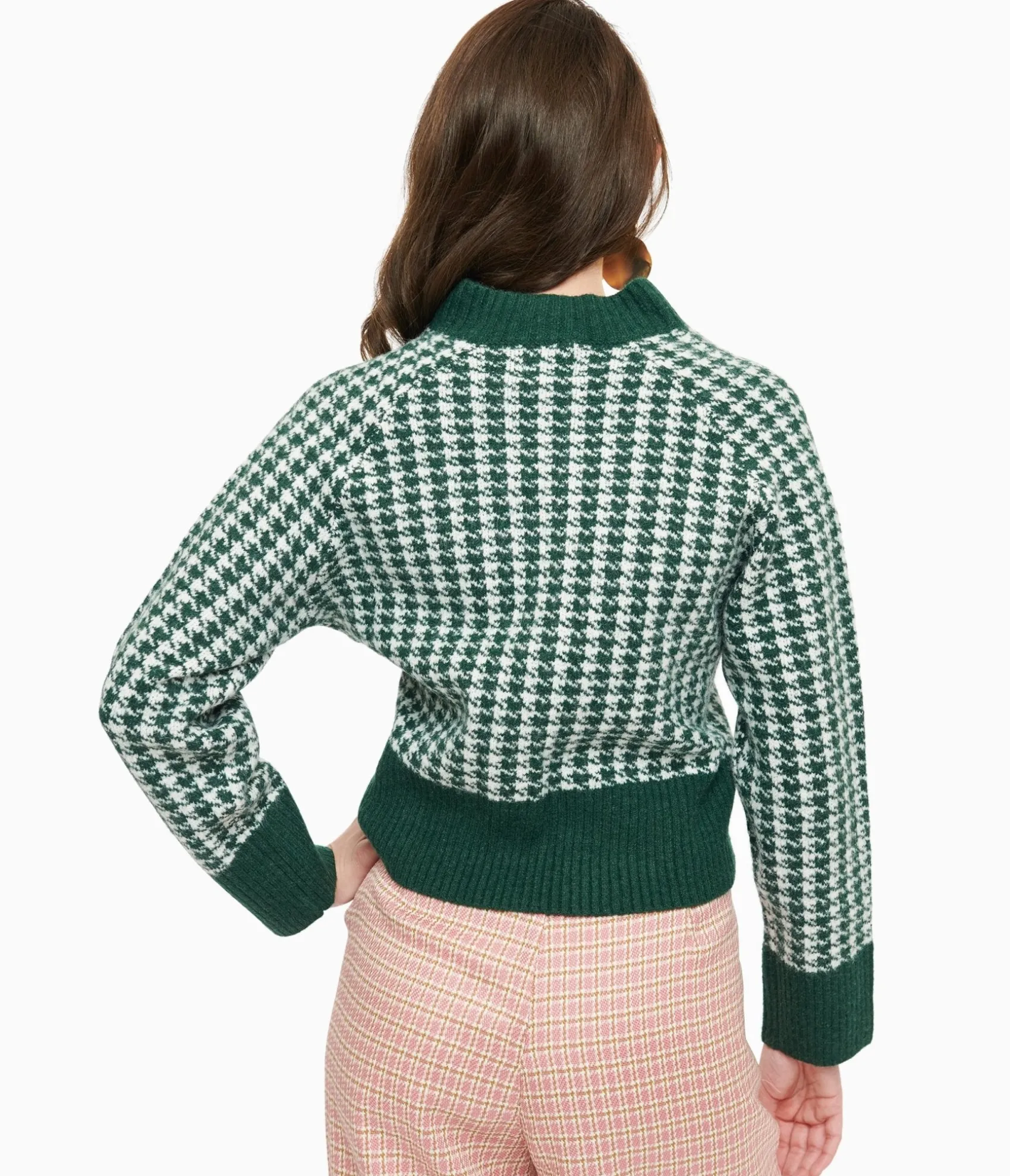 Unique Vintage 1950s Green & White Houndstooth Hattie Cardigan Cheap