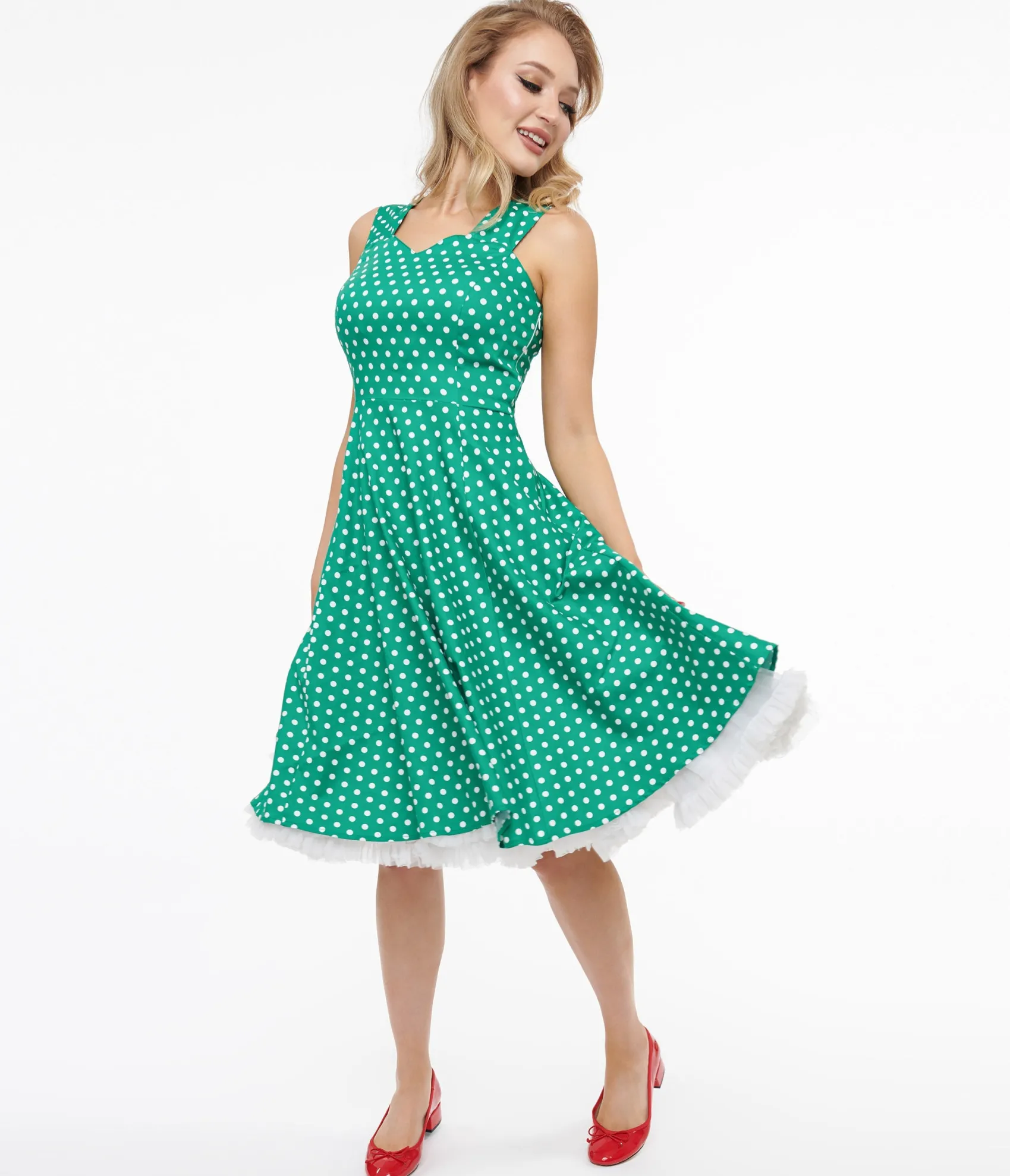 Unique Vintage 1950s Green & White Polka Dot Cotton Swing Dress Outlet