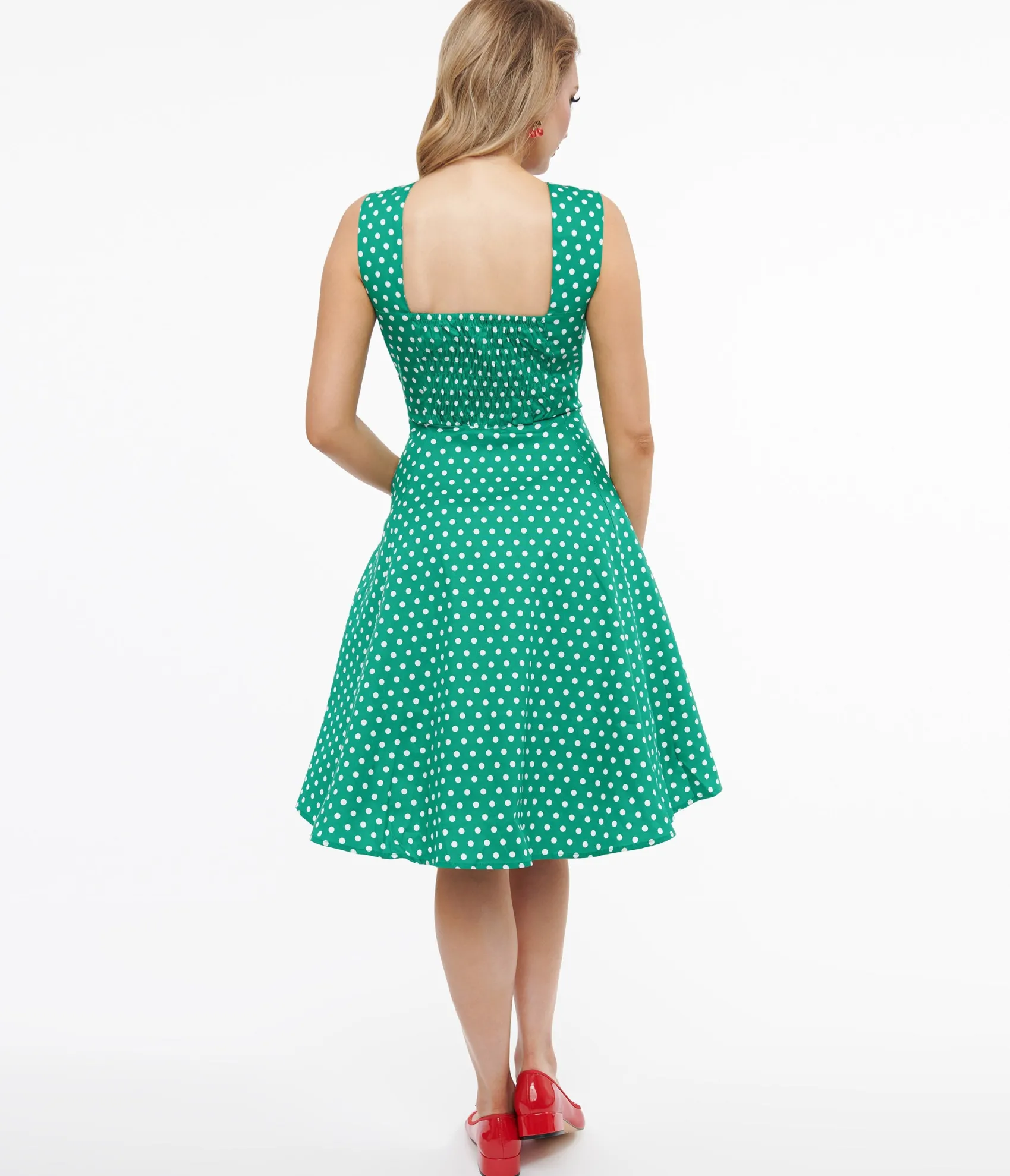 Unique Vintage 1950s Green & White Polka Dot Cotton Swing Dress Outlet
